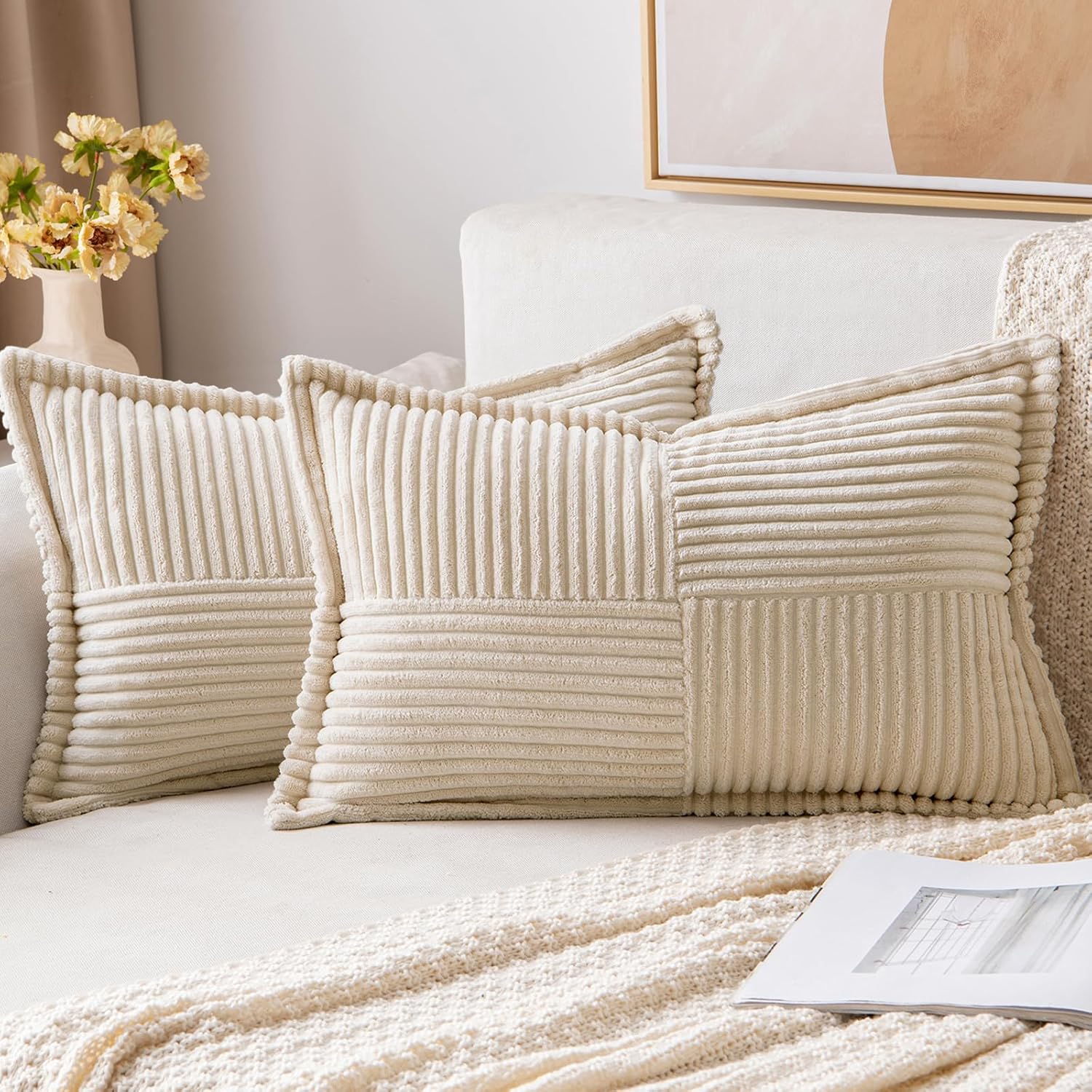 Detalle de MIULEE 2er Set Kordsamt Kissenbezüge 40x80 cm Beige – Patchwork-Design, unsichtbarer Reißverschluss, handgefertigt