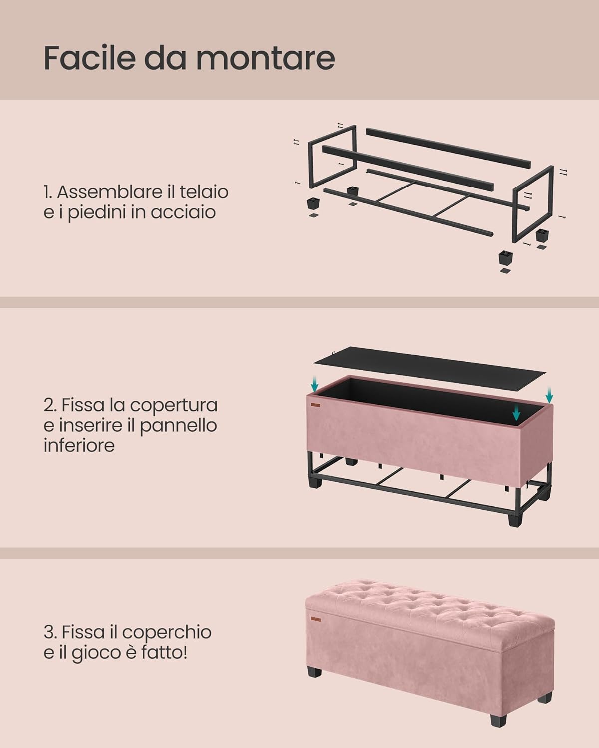 Thumbnail 5 de SONGMICS cassapanca pouf contenitore con poggiapiedi 40 x 110 x 39 cm rosa pastello LSF089R01