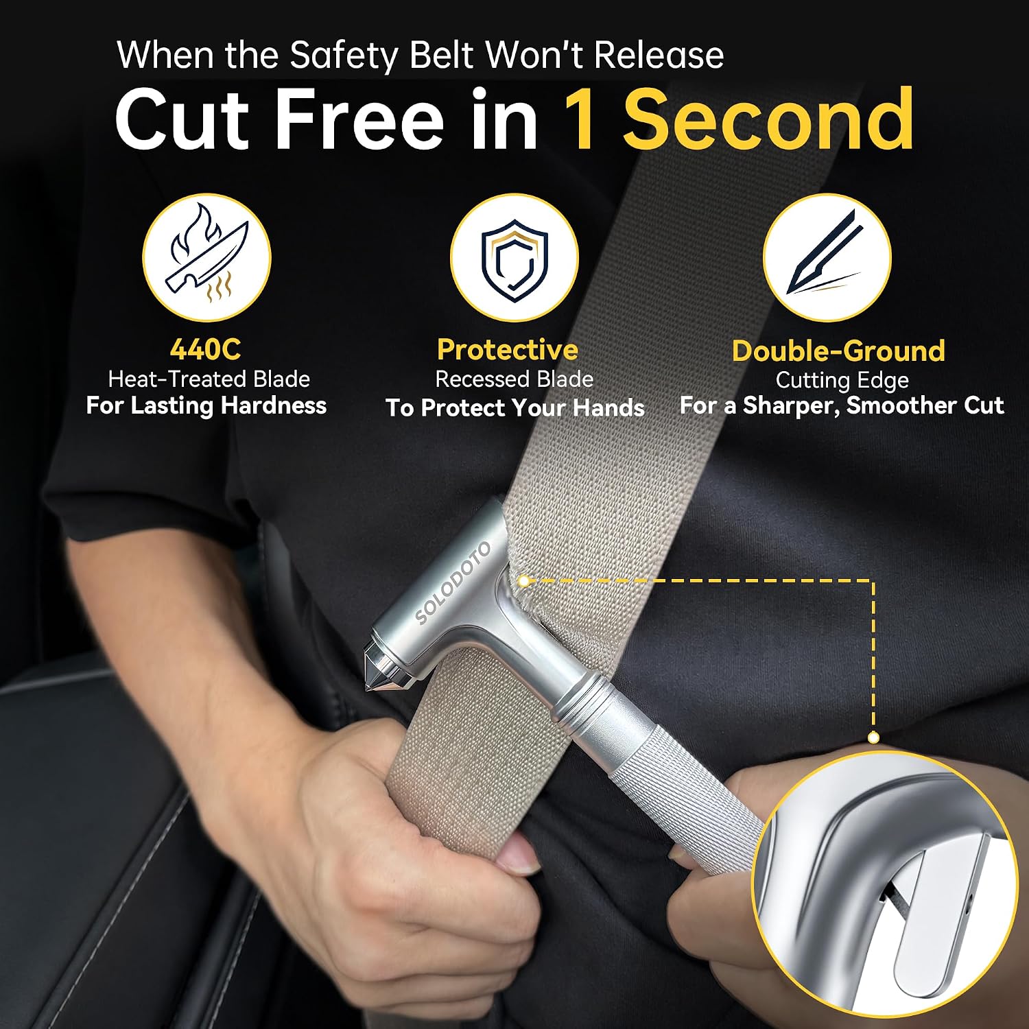 Detalle de SOLODOTO Life-Saving 1-Second Seat Belt Cutter and Window Breaker: 2-in-1 Car Safety Hammer