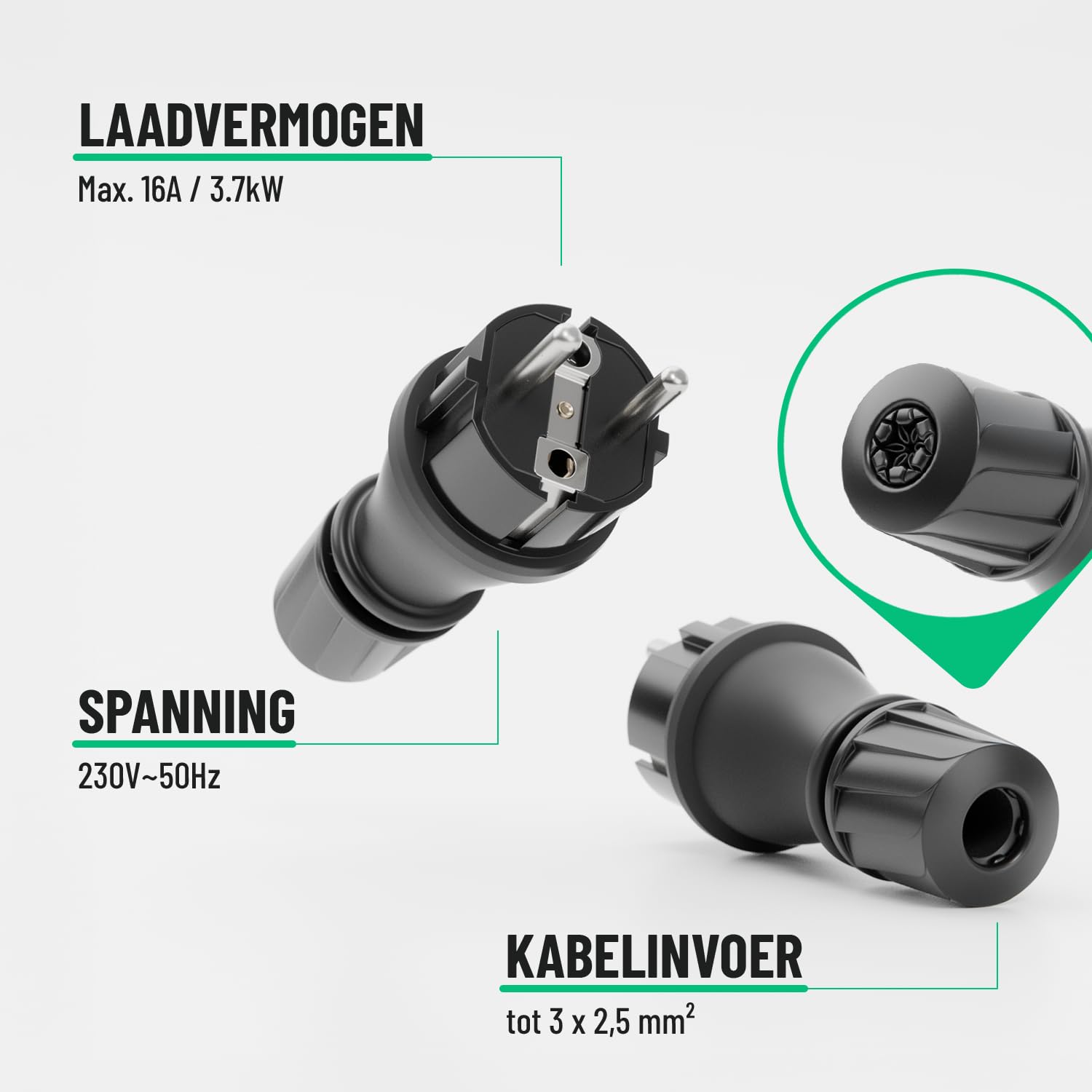 Detalle de greate 501400 Schuko-stekker 230 V met IP54, trekontlasting en knikbescherming