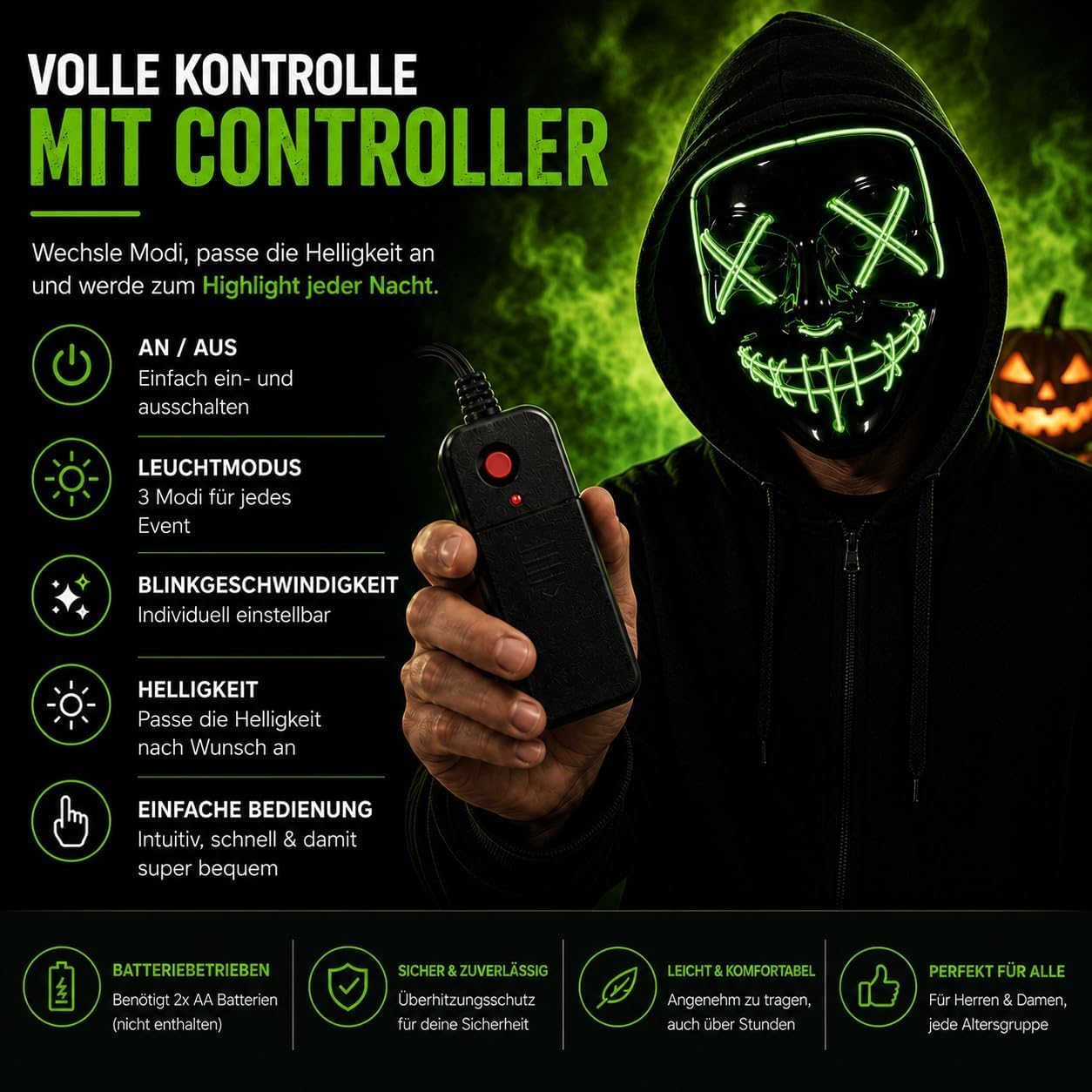 Detalle 2 de TK Gruppe Timo Klingler Purge LED-horrormasker met 3 instelbare lichteffecten