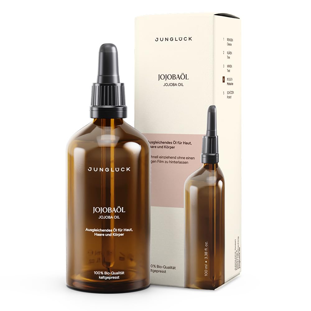 Detalle de JUNGLÜCK Jojobaöl Bio kaltgepresst – 100% Bio, naturreines Gesichts- und Körperöl