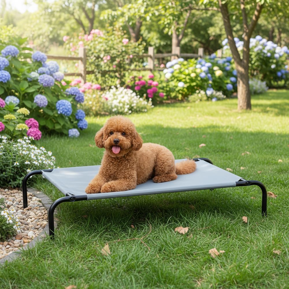 Detalle de Amazon Basics Raised Dog Bed, Cooling Breathable Elevated Pet Bed (M, Grey) 110 x 65 x 19 cm