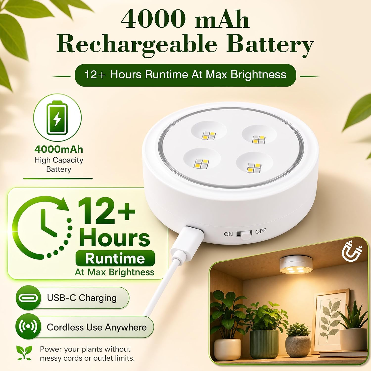 Detalle de sooogd 2-Pack 4000mAh Cordless Grow Lights, Full Spectrum with Timer
