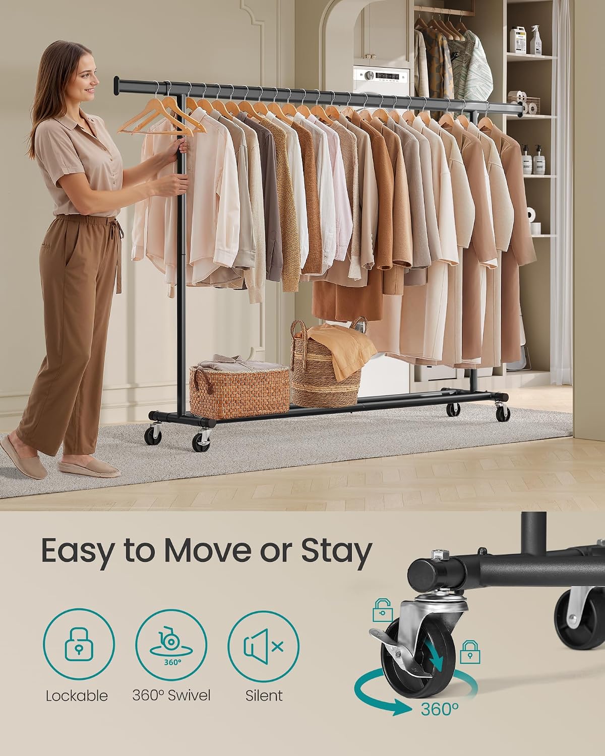 Detalle de SONGMICS Clothes Rack on Wheels, Heavy Duty Rail with Extendable Hanging Rail, 150 kg Load Capacity – HSR175B01