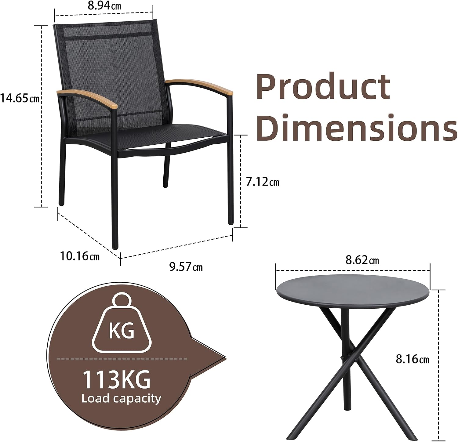 Detalle de Shintenchi BSTSL3 3-Piece Patio Bistro Set with Black Textilene Chairs