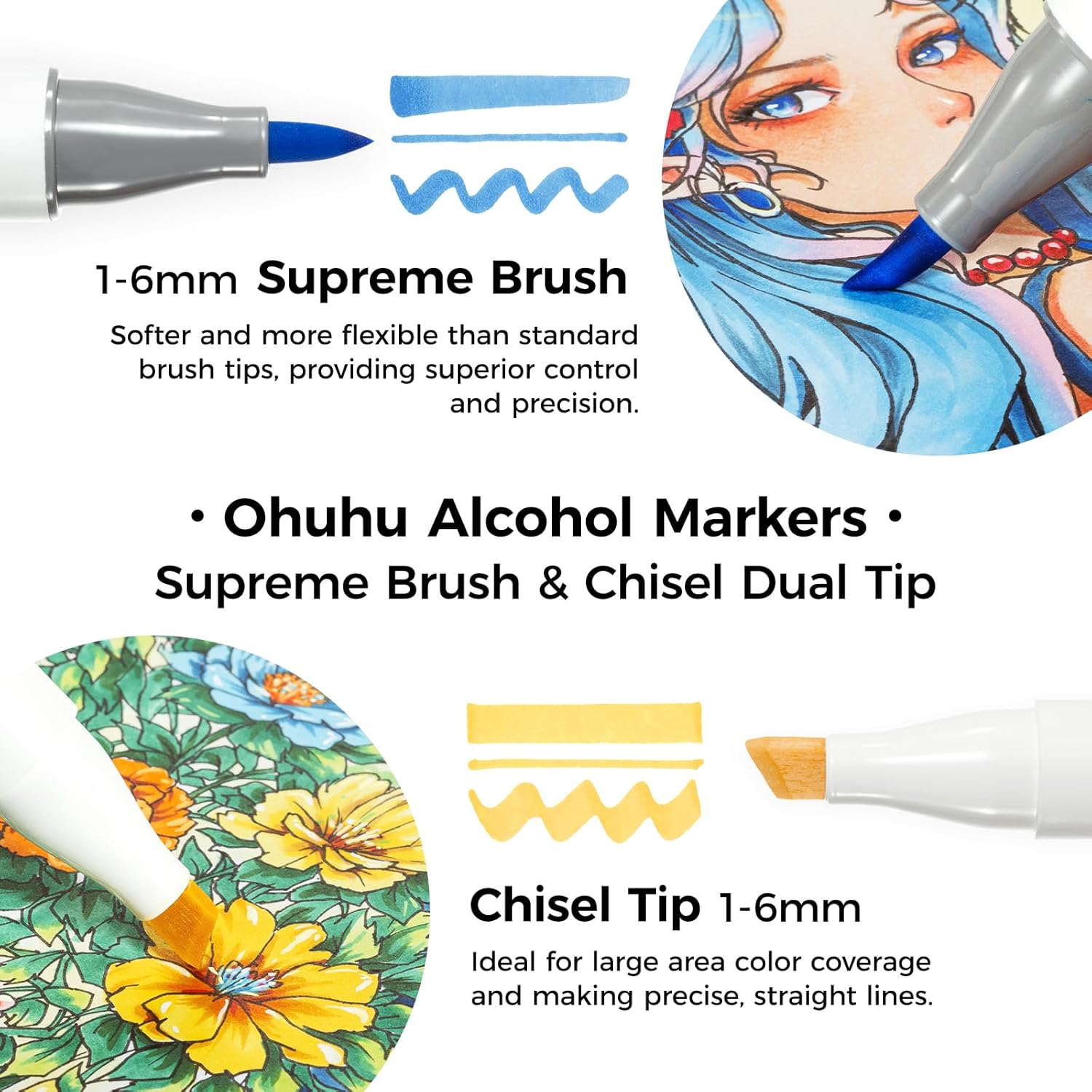 Thumbnail 2 de Ohuhu Supreme Brush & Chisel alcohol markers (36 + 1 colours) – dual-tip colouring pens for drawing, sketching and manga