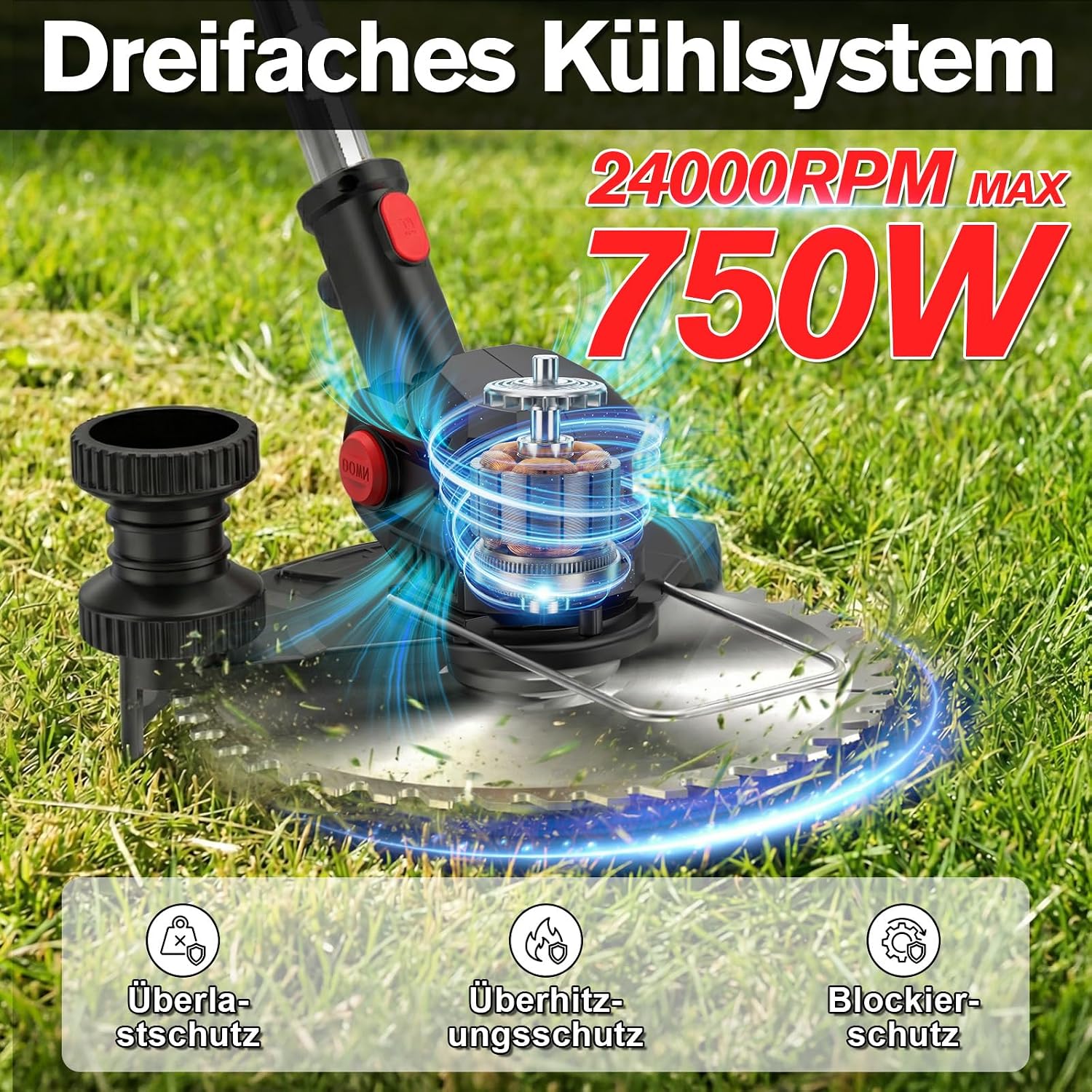 Detalle de SMILOVII Akku-Rasentrimmer 21V 4‑in‑1 (bis 24.000 RPM) mit 2× 2,0Ah, 90° drehbarem Kopf & LCD