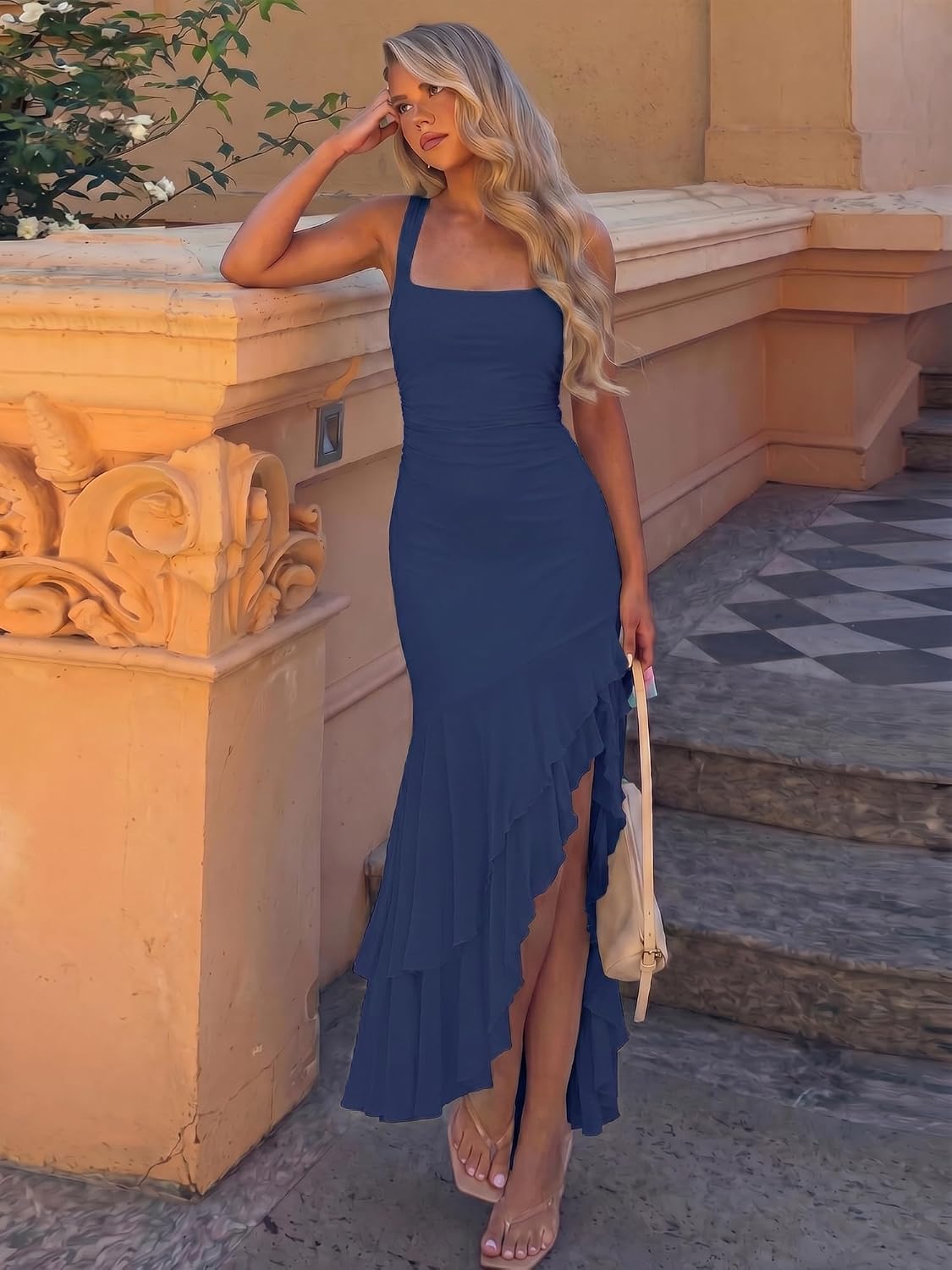 Detalle de BORIFLORS Women's Elegant Bodycon Ruched Maxi Cocktail Dress
