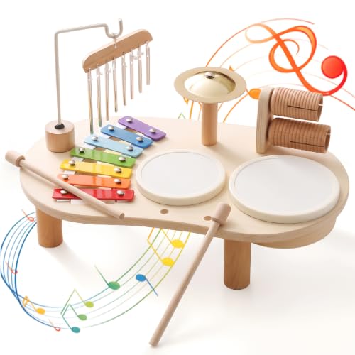 Detalle de Promise Babe Strumenti Musicali in Legno per Bambini da 1 a 3 Anni – Batteria Montessori con Xilofono, Tamburi e Percussioni