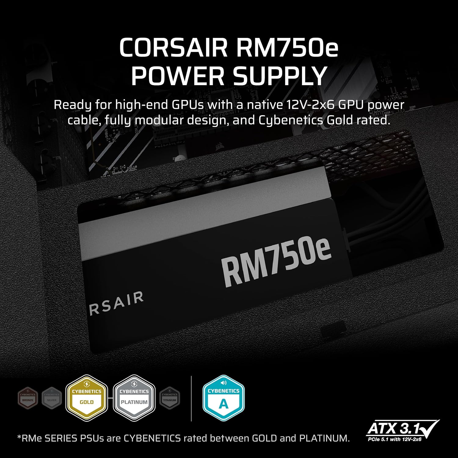 Thumbnail 1 de CORSAIR RM750e ATX 3.1 Fully Modular 750W Power Supply (PCIe 5.1 Ready, 12V-2x6 Cable Included) — Black