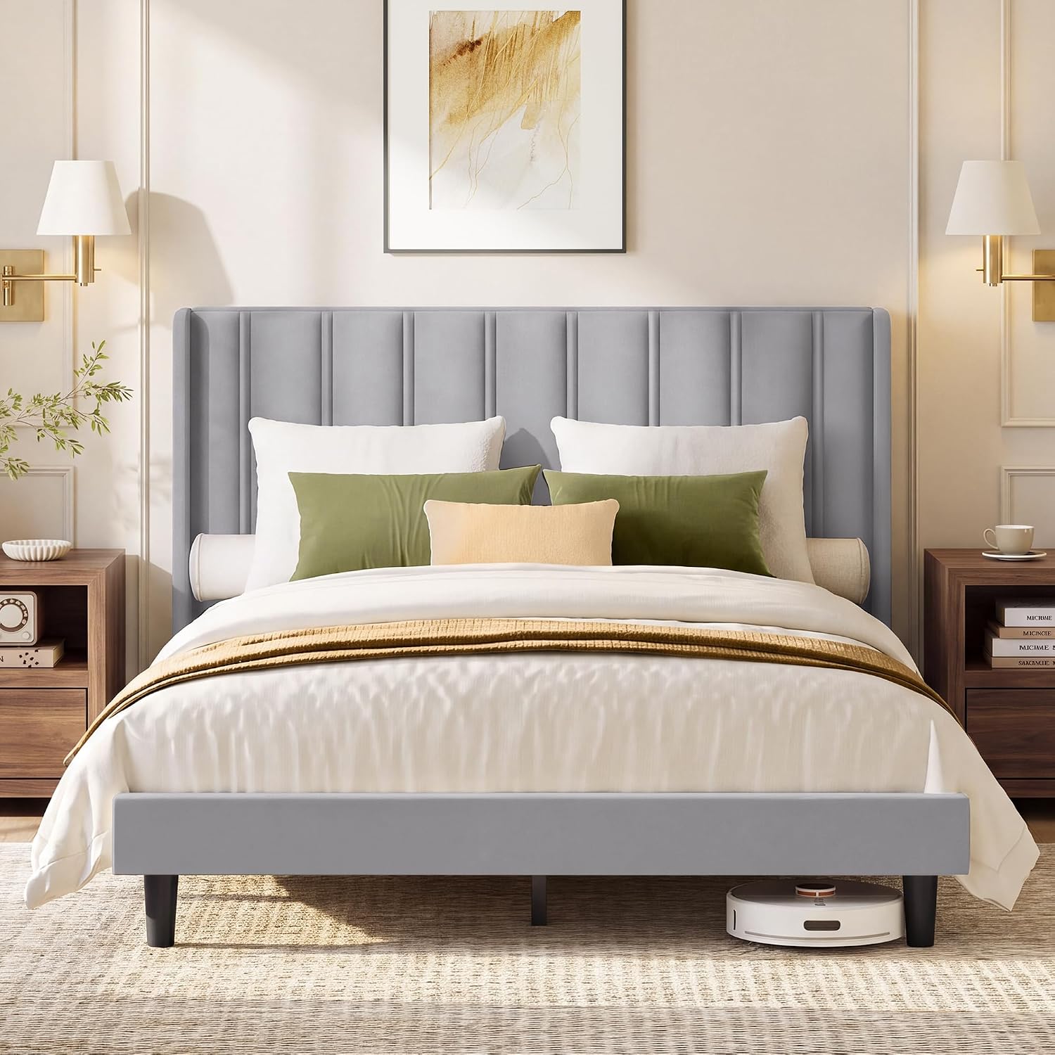 Detalle de VASAGLE URMB681G101 Queen Bed Frame, Velvet Wingback Headboard, Dove Gray