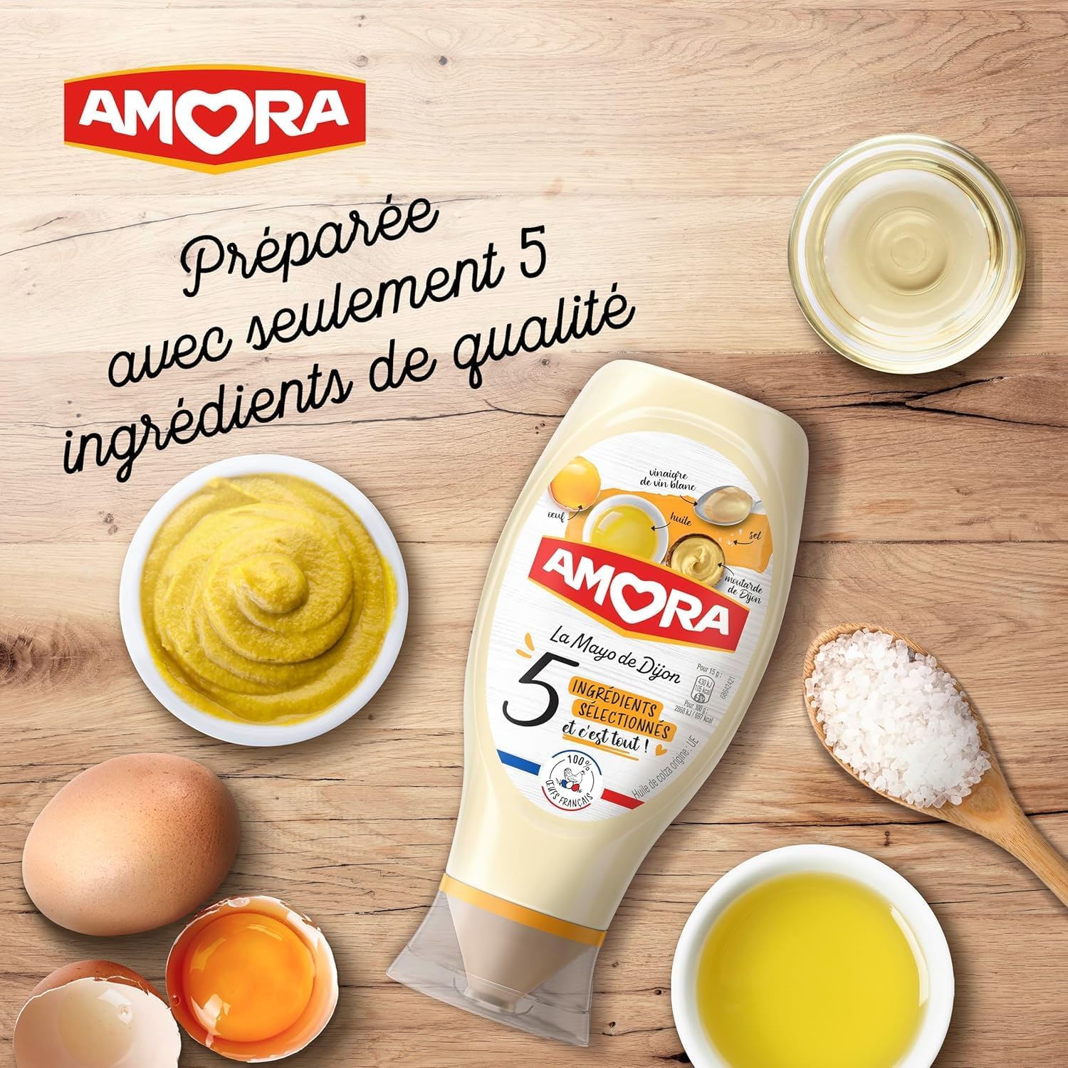 Detalle de AMORA Mayonnaise Dijonnaise 5 Ingrédients – Flacon Souple 400 g, Lot de 3