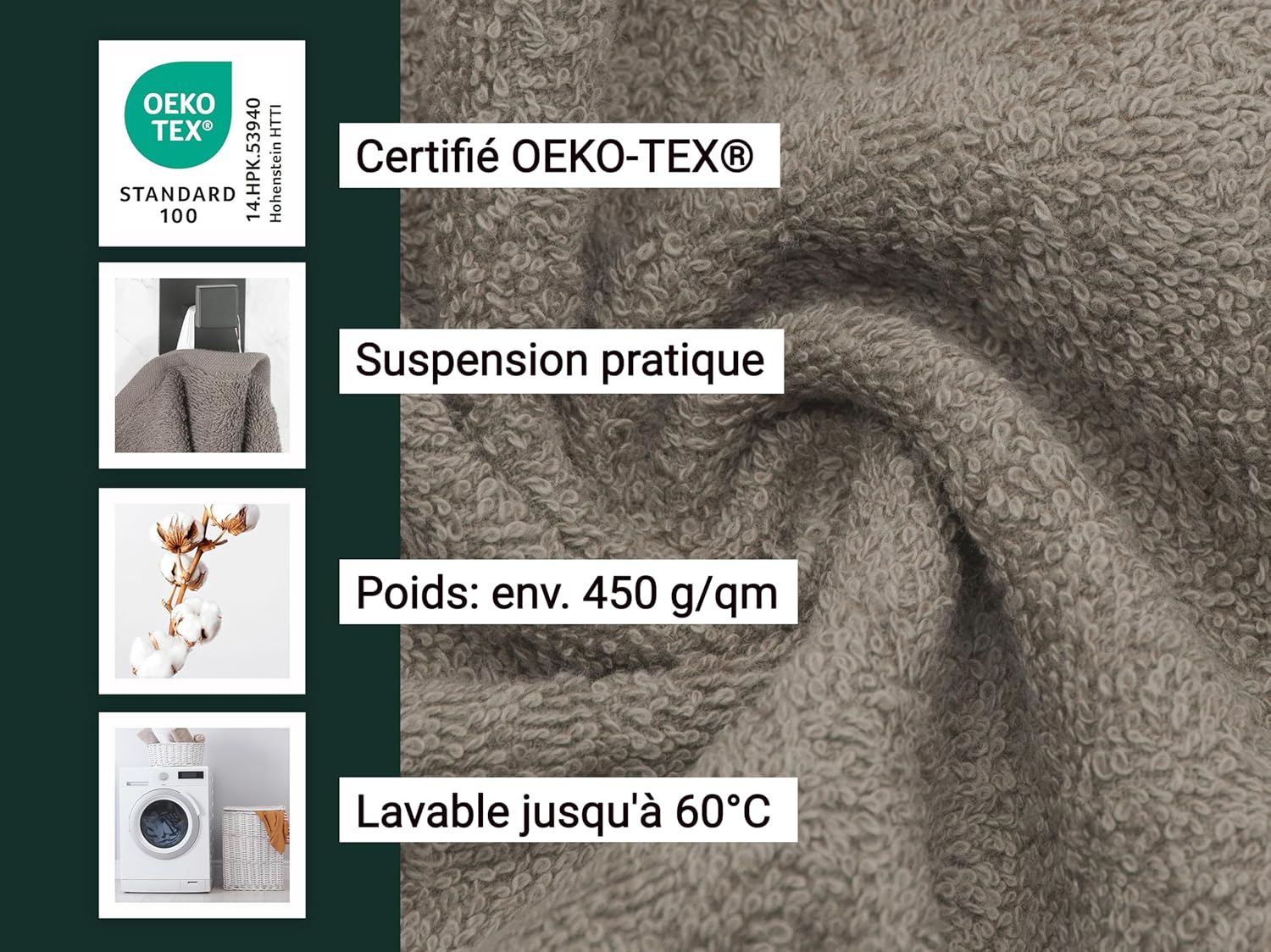 Detalle de ZOLLNER Set de 10 Serviettes pour invités – serviettes 30x50 cm en coton, éponge douce, couleur Fango, certifiées OEKO-TEX