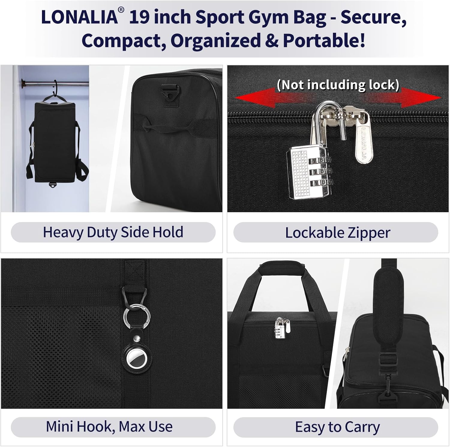 Thumbnail 4 de LONALIA Sac de Sport 34L – 48x25x28 cm, noir: compact et polyvalent