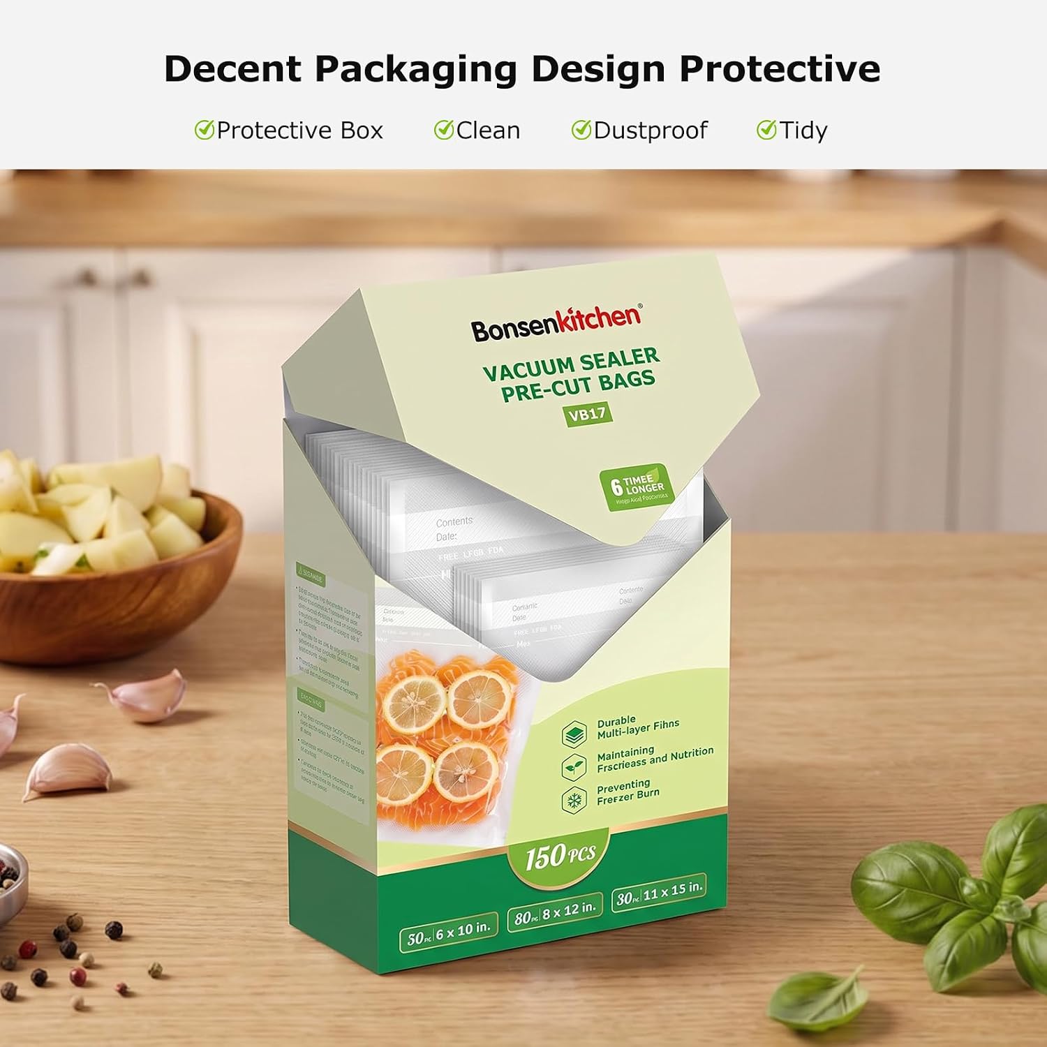 Thumbnail 6 de Bonsenkitchen VB17 Vacuum Sealer Bags, 150 Precut Bags in 3 Sizes