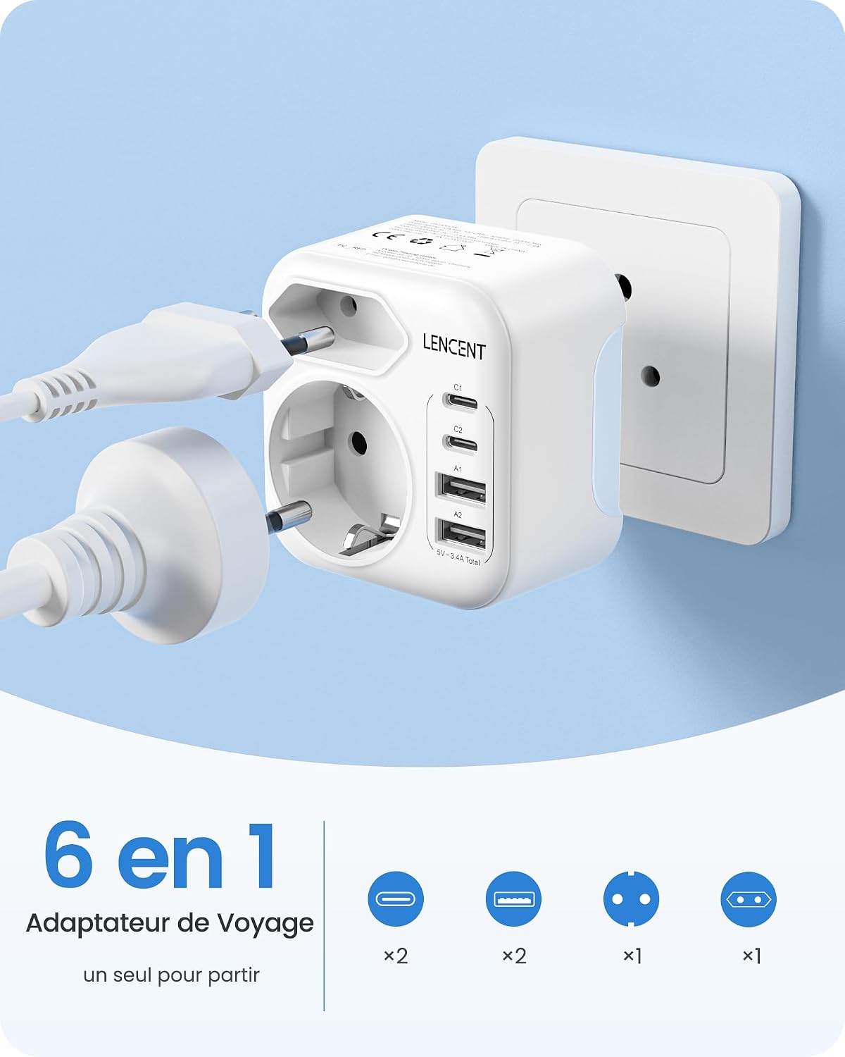 Detalle de LENCENT type D-reisadapter, opvouwbaar met 2 USB-C- en 2 USB-A-poorten