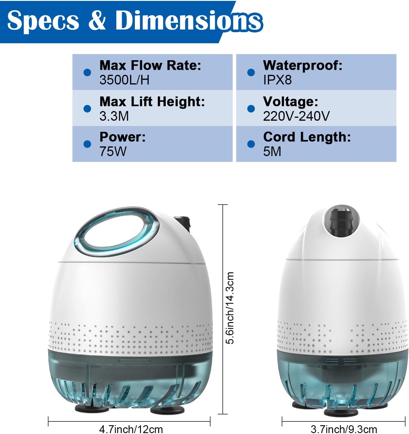 Detalle de BAITAI Submersible Water Pump (3500L/H, 75W) – Ultra Quiet, 5m Power Cord with 3 Nozzles