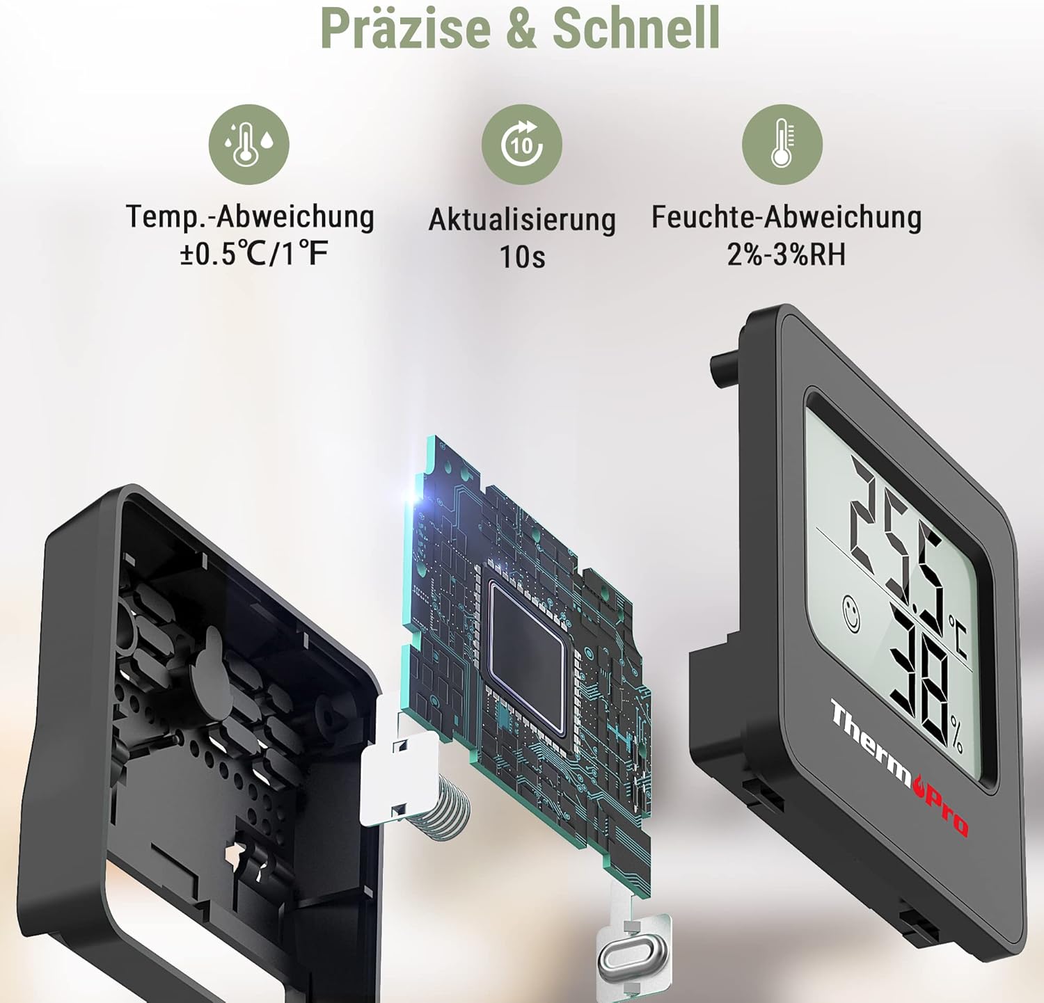 Detalle de ThermoPro Mini Hygrometer & Thermometer Innen 3er-Set (schwarz) – Temperatur- und Luftfeuchte-Messer mit Smiley-Indikator