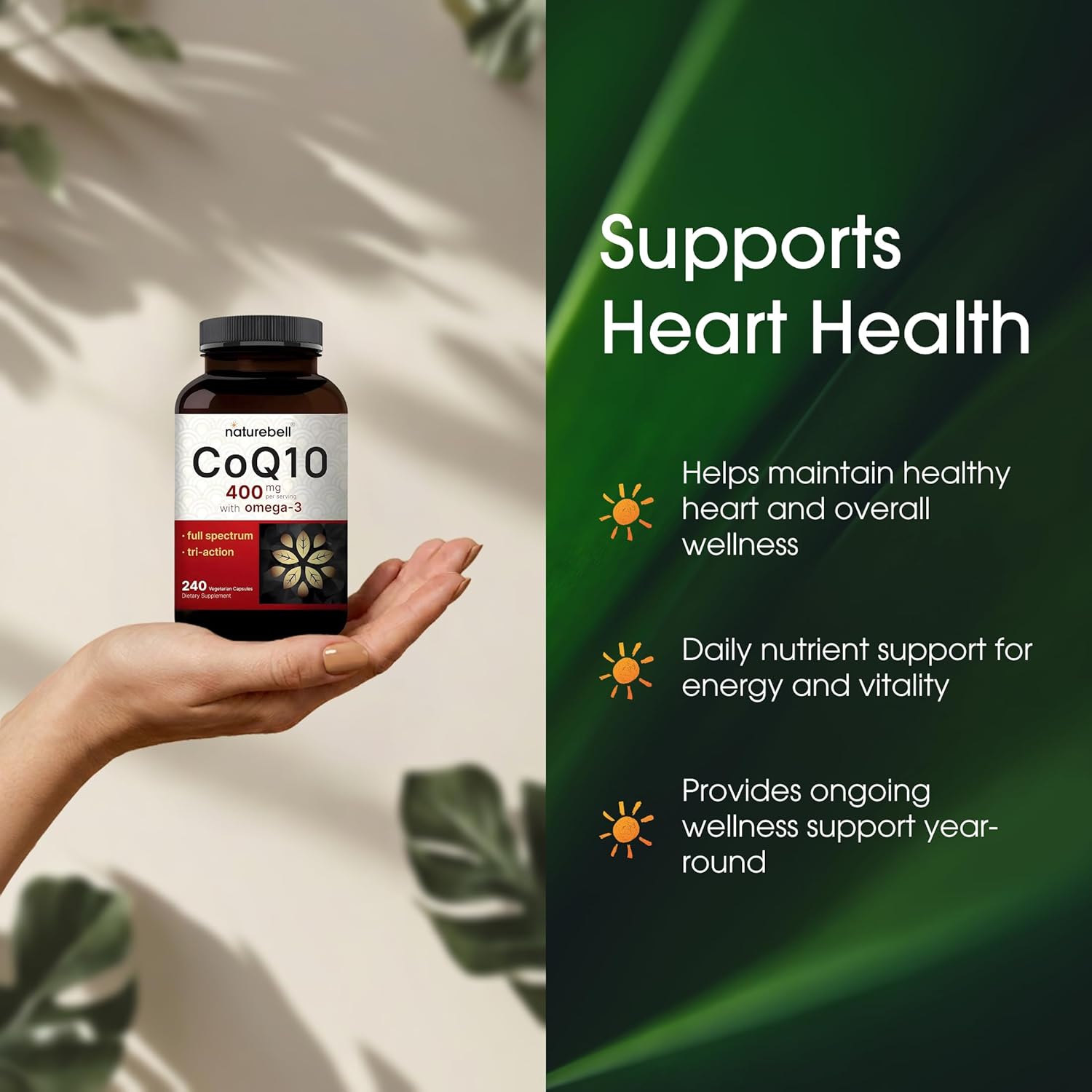 Detalle de NatureBell CQ200C CoQ10 400mg with Omega-3, 240 Vegetarian Capsules