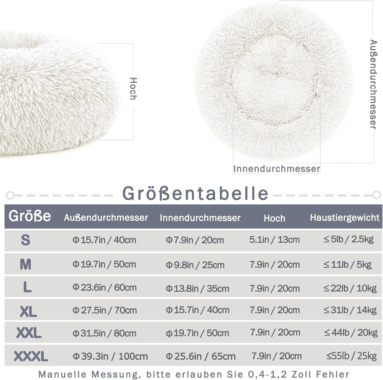 Detalle de Nepfaivy Hundebett/Katzenbett Flauschig Rund aus Plüsch – Donut, waschbar, in M (50 cm) Weiß