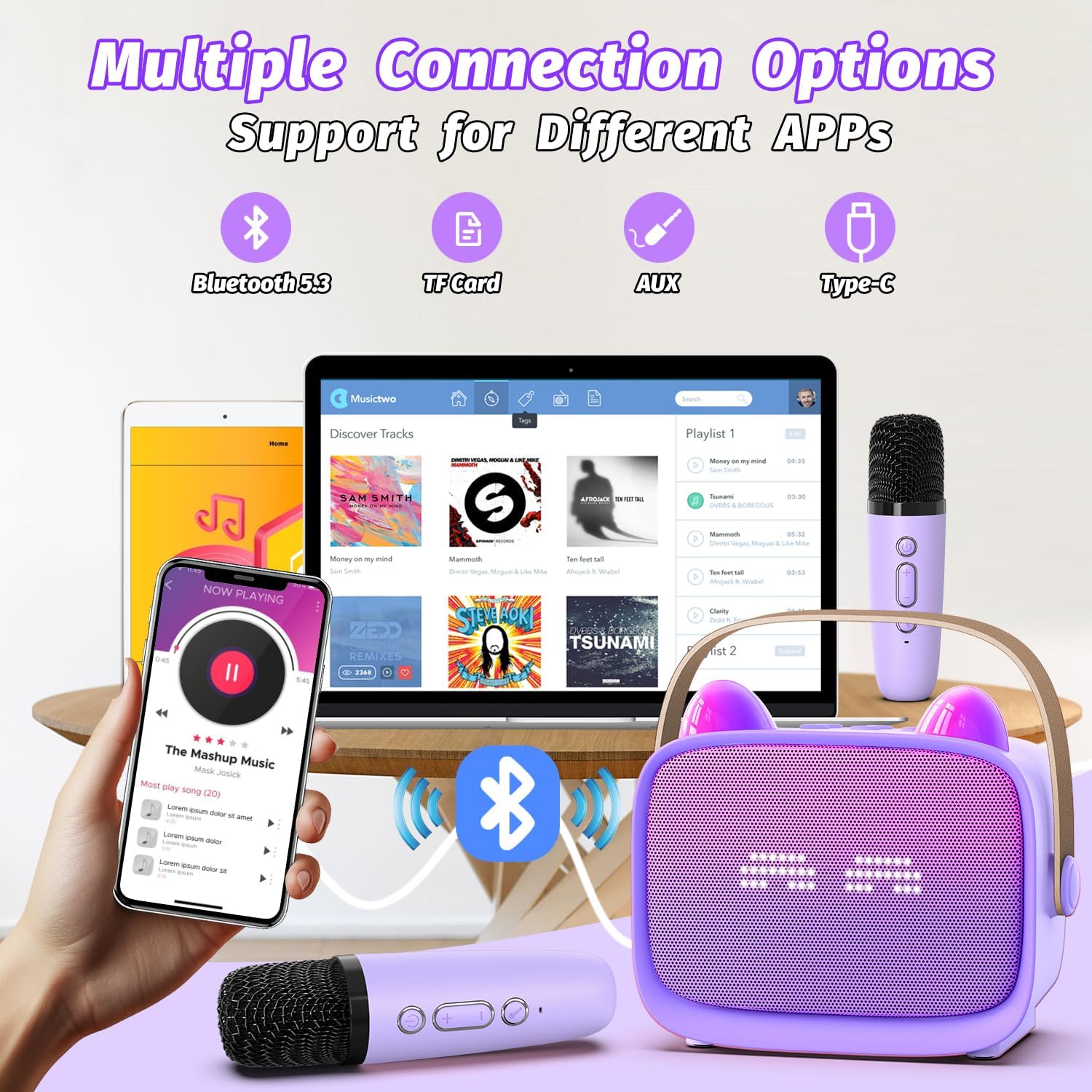 Thumbnail 5 de Mini Karaoke Machine Toys Gifts for Kids with 2 Wireless Microphones and LED – Portable MP3 Player