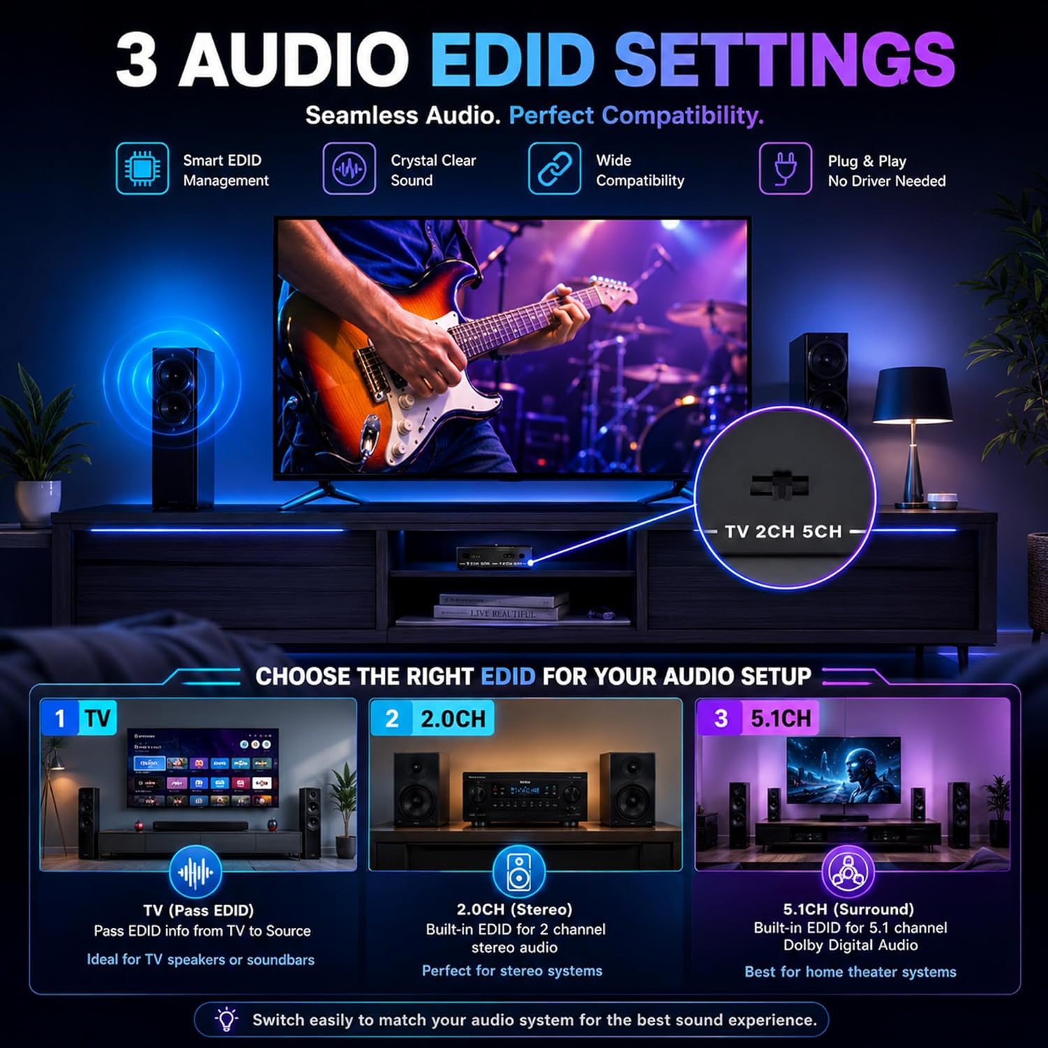 Detalle 2 de J-Tech Digital HDMI Audio Extractor 4K 60Hz with ARC Support (JTECH-AE4KA)