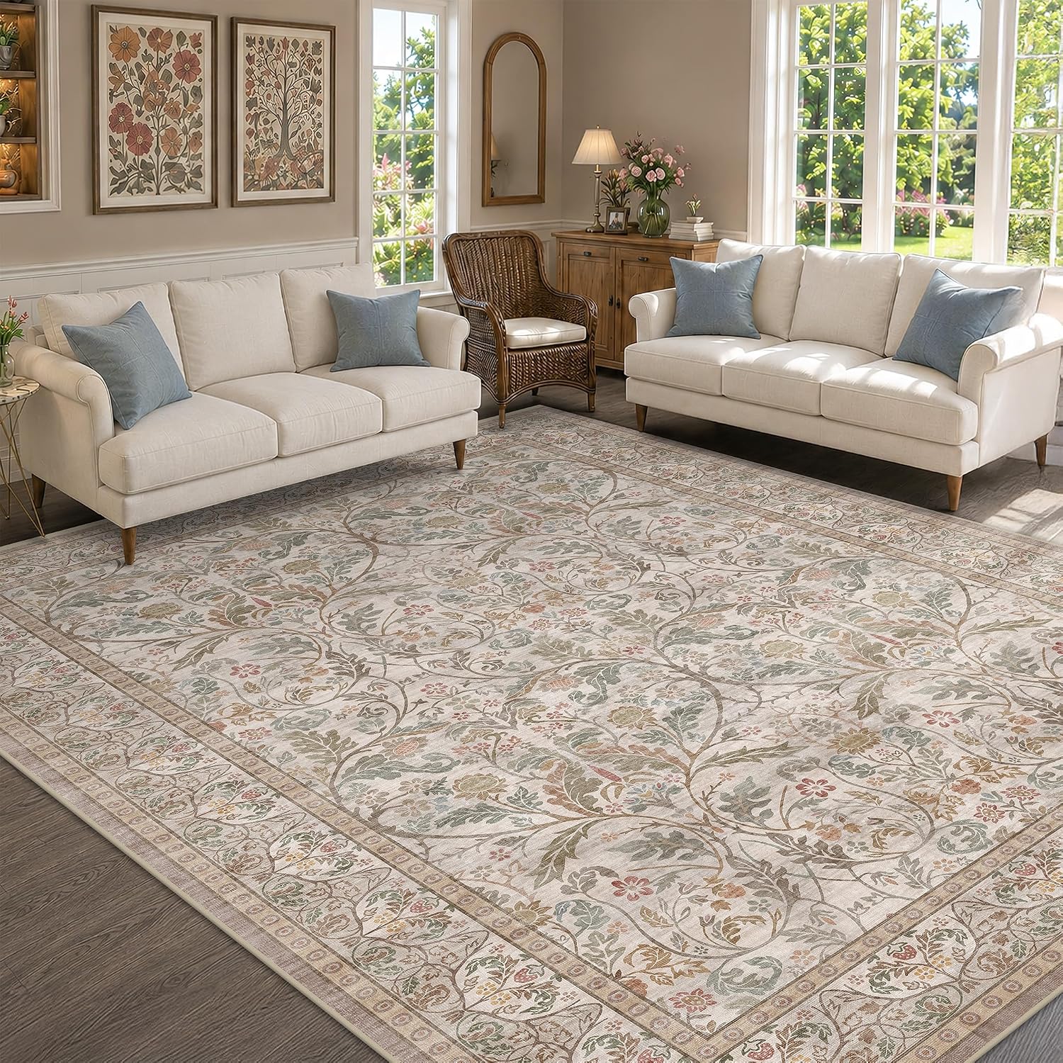 Detalle de Evyhood EVY 001 Moss 8' x 10' Floral Washable Low-Pile Area Rug