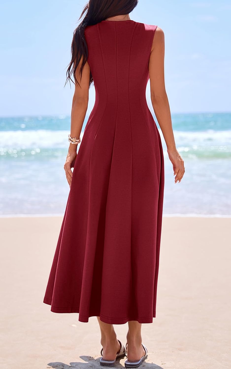 Detalle de PRETTYGARDEN Sleeveless Crewneck Summer Maxi Dress – Elegant, Modest A-Line Style with Pockets
