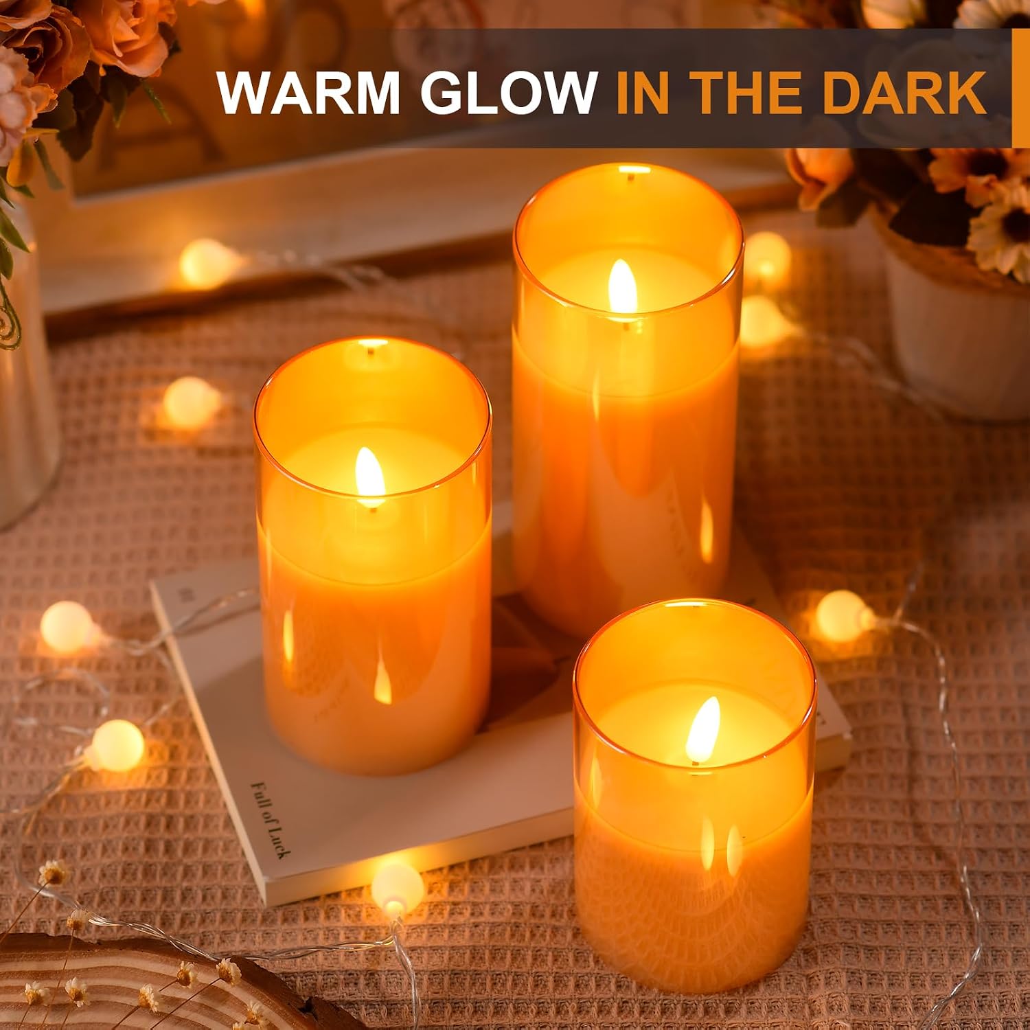 Detalle de Tyawon Gold LED Flameless Candles, 3-Pack with Remote and Timer