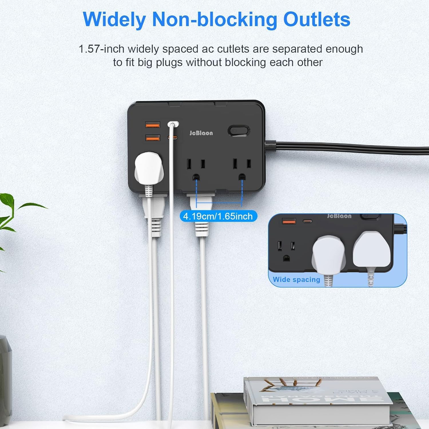 Detalle de JcBlaon QT660 Flat Plug Surge Protector, 6 Outlets, 4 USB Ports, 1050J
