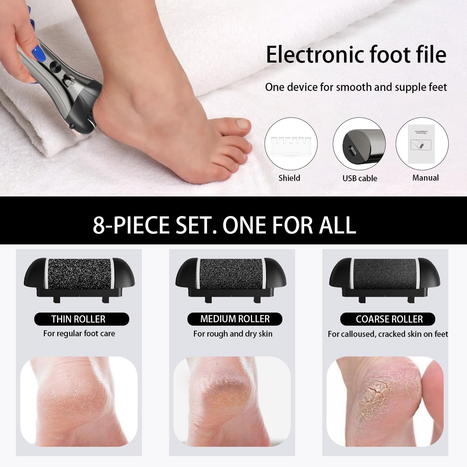 Thumbnail 6 de Jooayou Electric Foot File: USB Rechargeable Callus Remover with LED Spotlight and 3 Pumice Stone Rollers