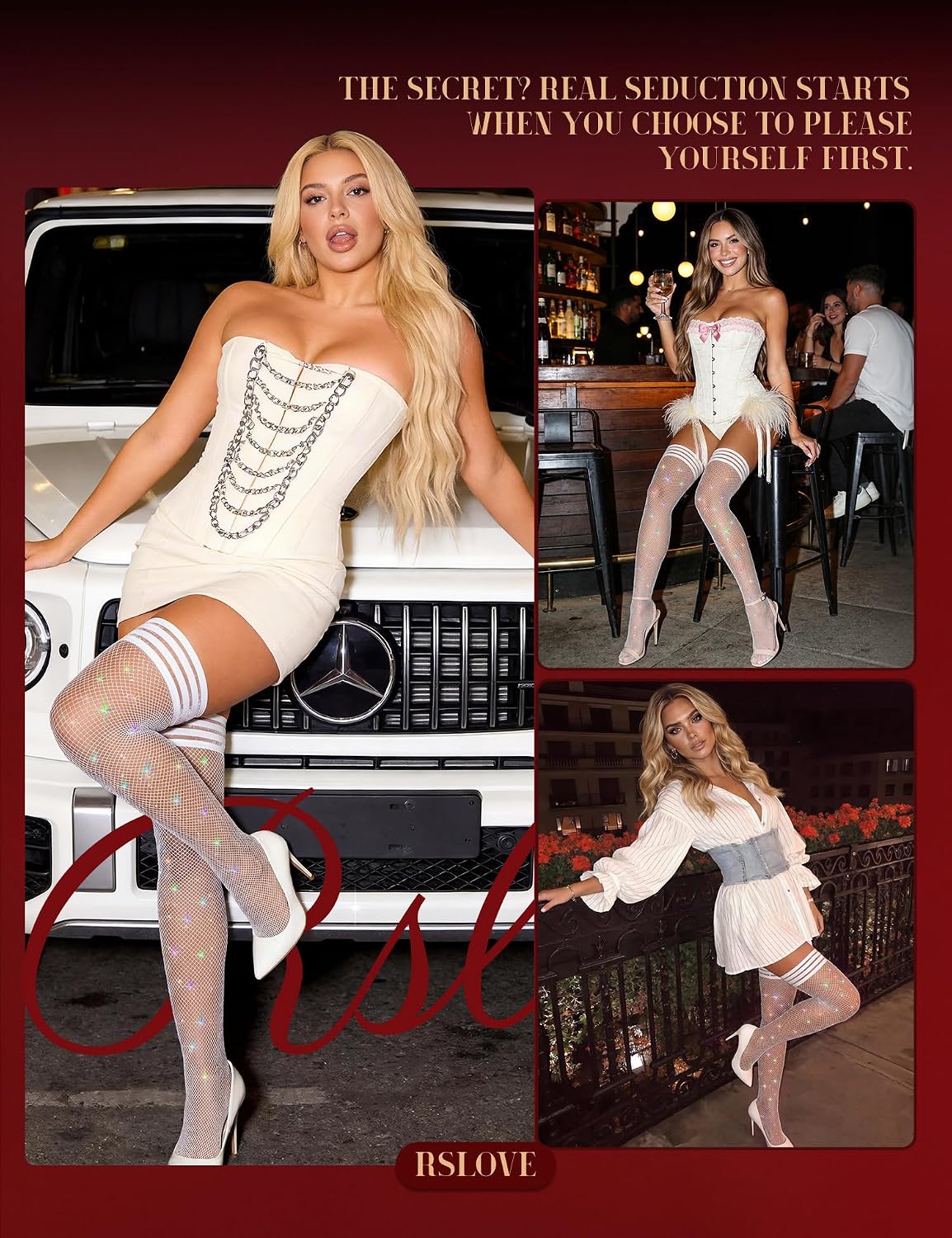 Detalle 1 de RSLOVE Fishnet Thigh-High Stockings with Silicone Bands and Rhinestones