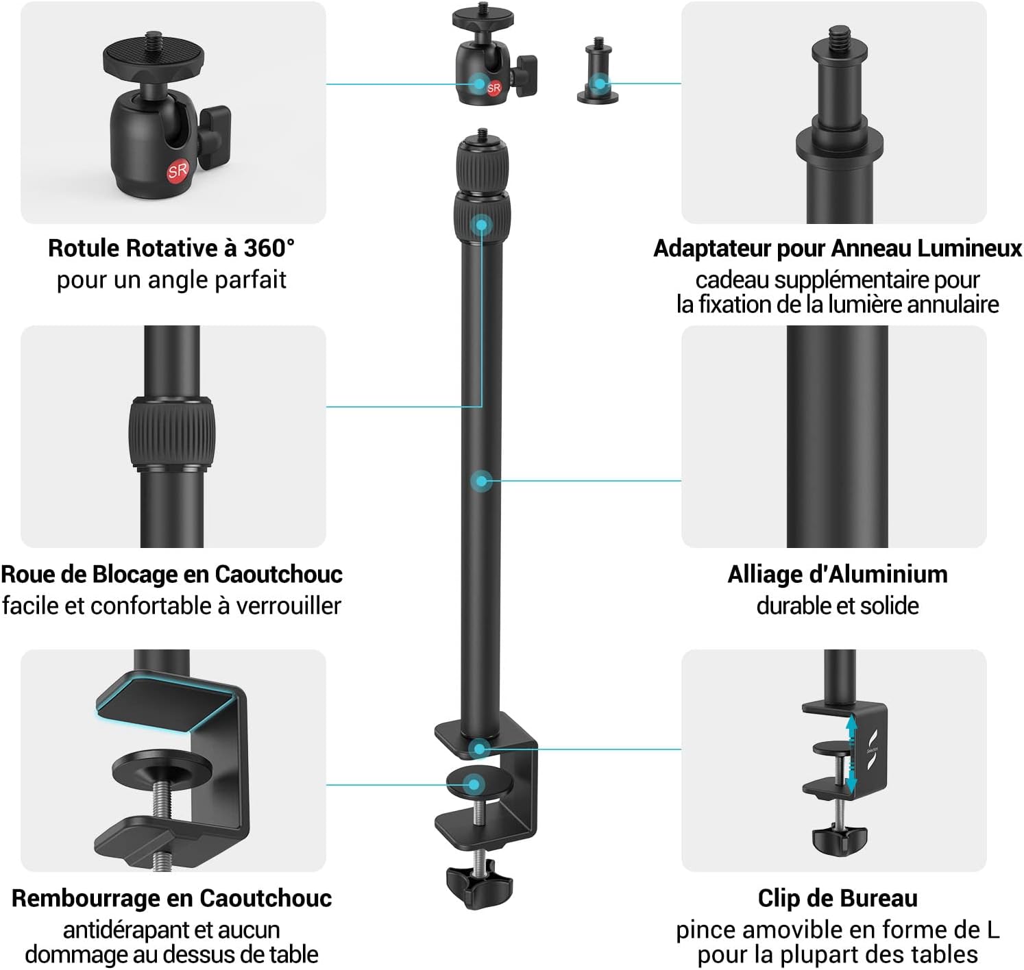 Thumbnail 4 de SMALLRIG Support de table avec rotule 1/4" et pince C (3488) — montage photo et éclairage réglable