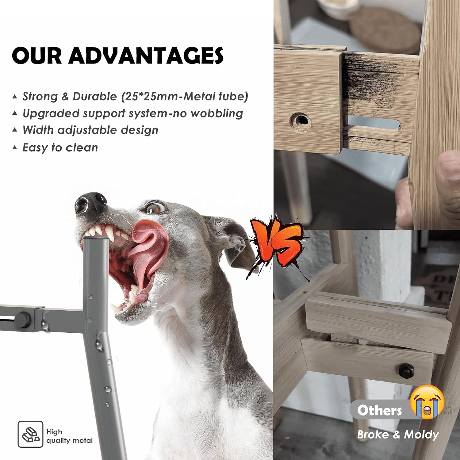 Detalle de SHAINFUN 大型犬用グレーメタル食器スタンド 幅・高さ調節対応 7~10.6インチの食器用