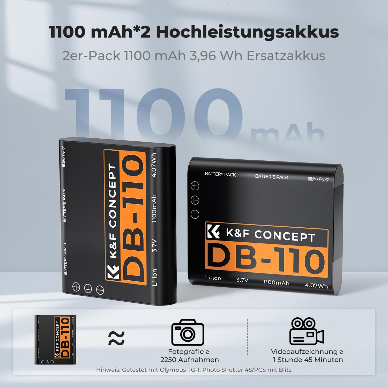 Thumbnail 2 de K&F CONCEPT 2er-Pack Ricoh DB-110 Akku (1100 mAh) mit Dual-Slot-Ladegerät und LCD
