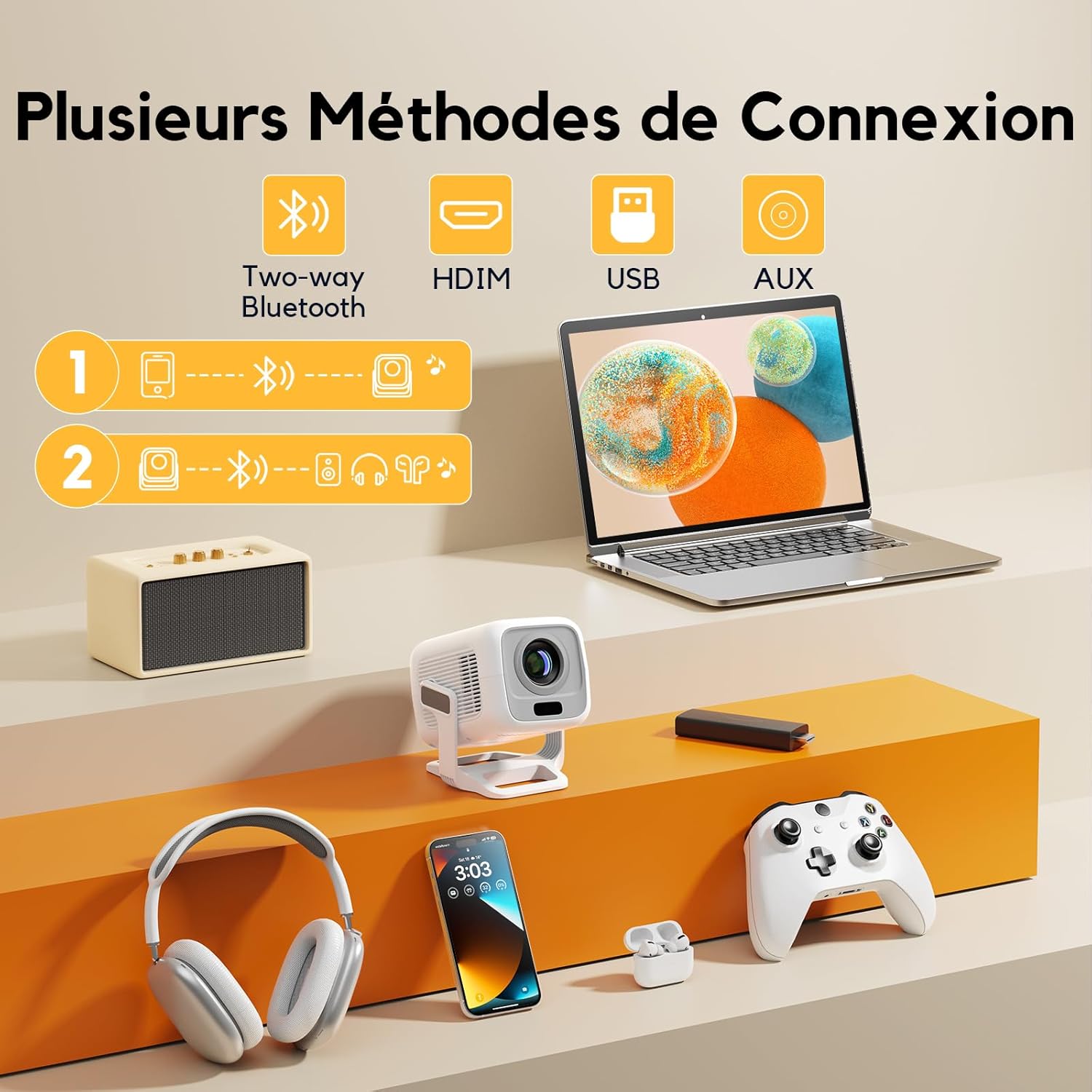 Detalle 2 de AKIYO O4 – Rétroprojecteur portable 1080p Full HD avec support 4K, Wi‑Fi 6 et Bluetooth 5.4