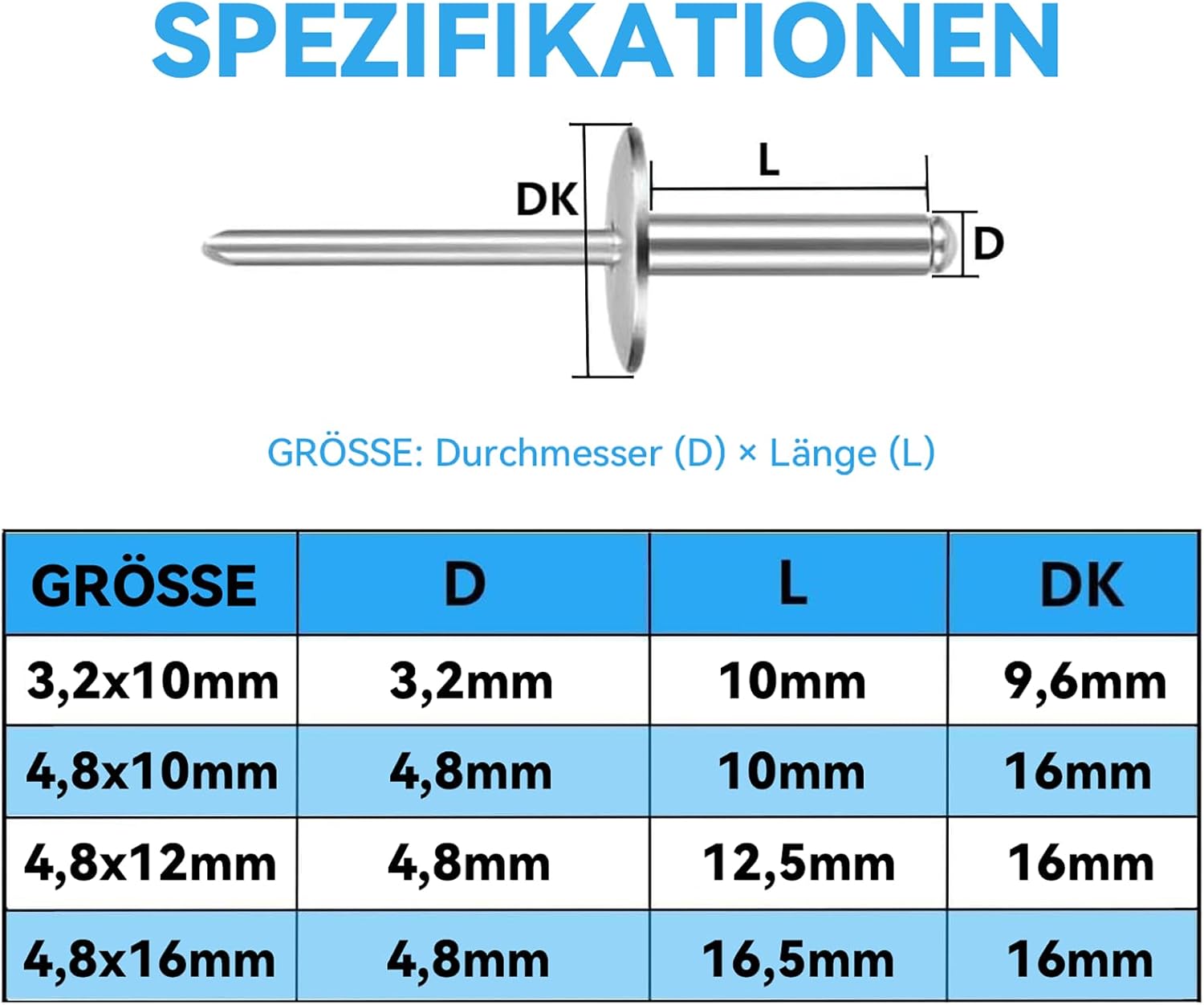 Thumbnail 1 de Dayalo Blindnieten 4,8 x 12 mm Großflansch