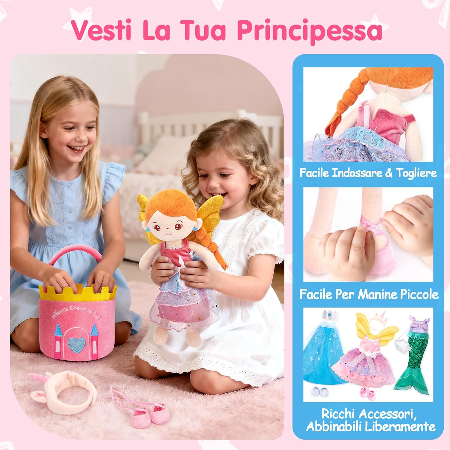 Thumbnail 2 de hahaland Regalo Bambina 3 in 1: Set Vestire la Bambola con Peluche, Borsa e 3 Abiti (3–6 Anni)