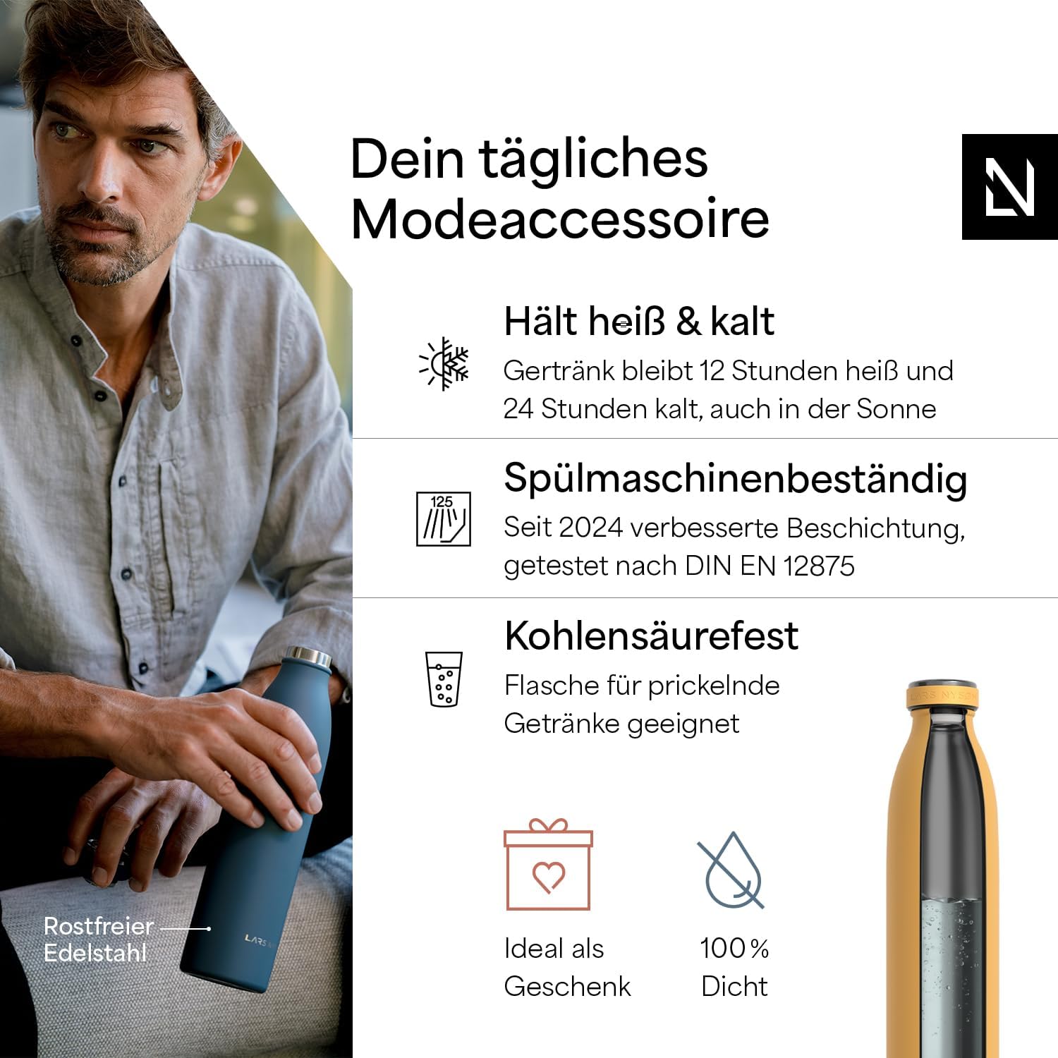 Thumbnail 1 de LARS NYSØM Edelstahl Trinkflasche Ren 750 ml – Auslaufsicher, doppelwandig, Mustard Yellow
