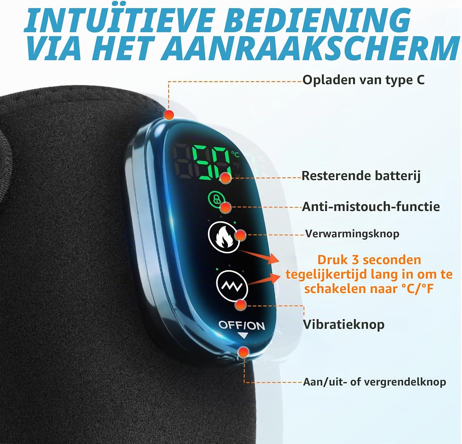 Detalle 2 de FlareMore draadloze verwarmde kniebrace met touchscreen, 4 motoren en 5 standen