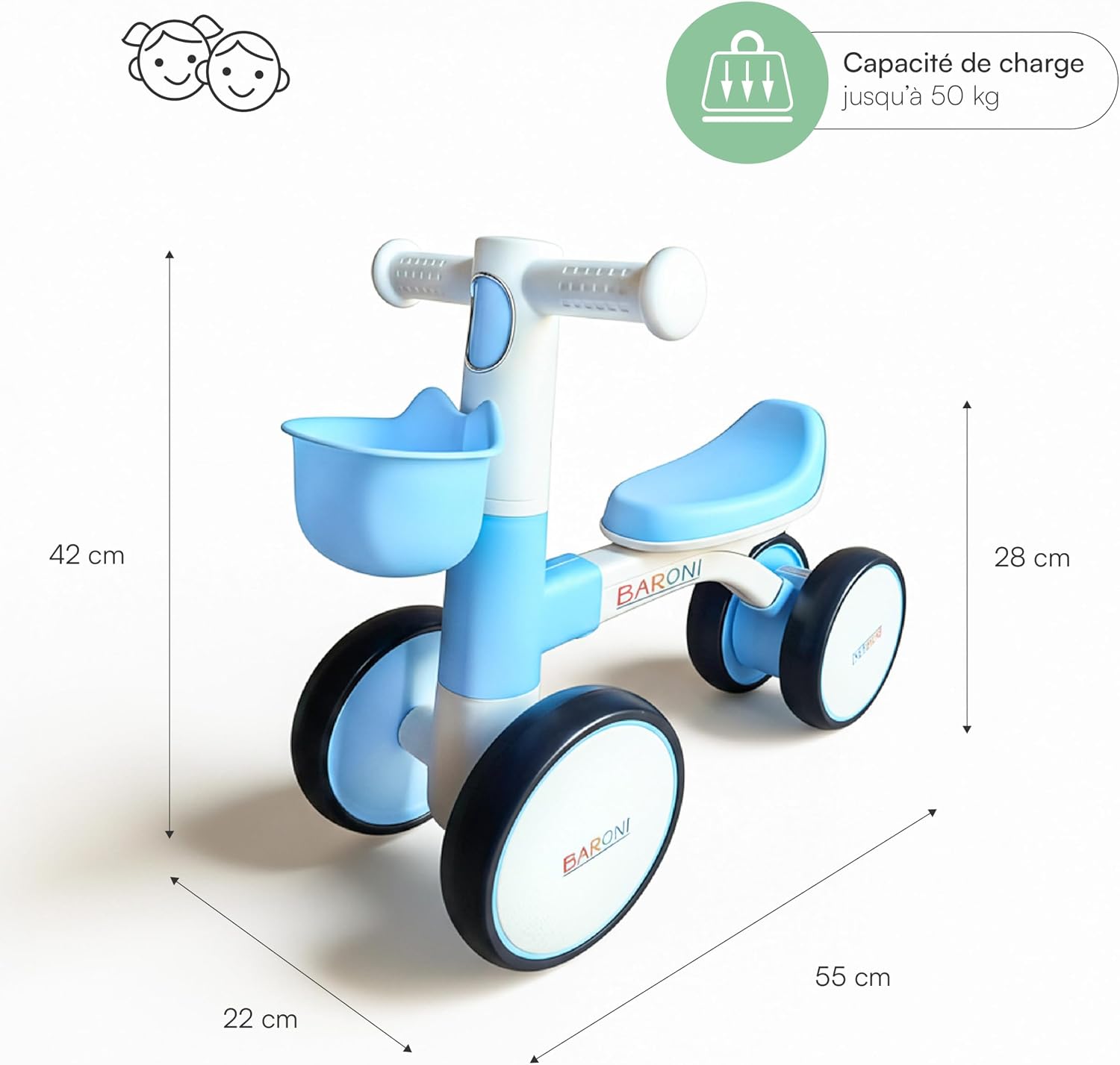 Thumbnail 2 de Baroni Toys Bici Senza Pedali a 4 Ruote per Bambini dai 3 Anni – Blu, 55x22x42 cm
