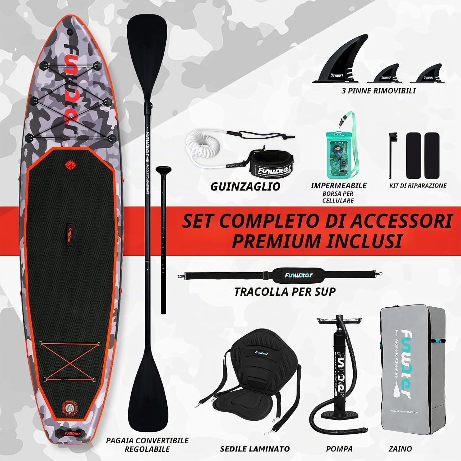 Detalle 2 de FunWater Sup Gonfiabile Portatile: tavola da surf SUP completa di accessori, ideale per adulti e ragazzi