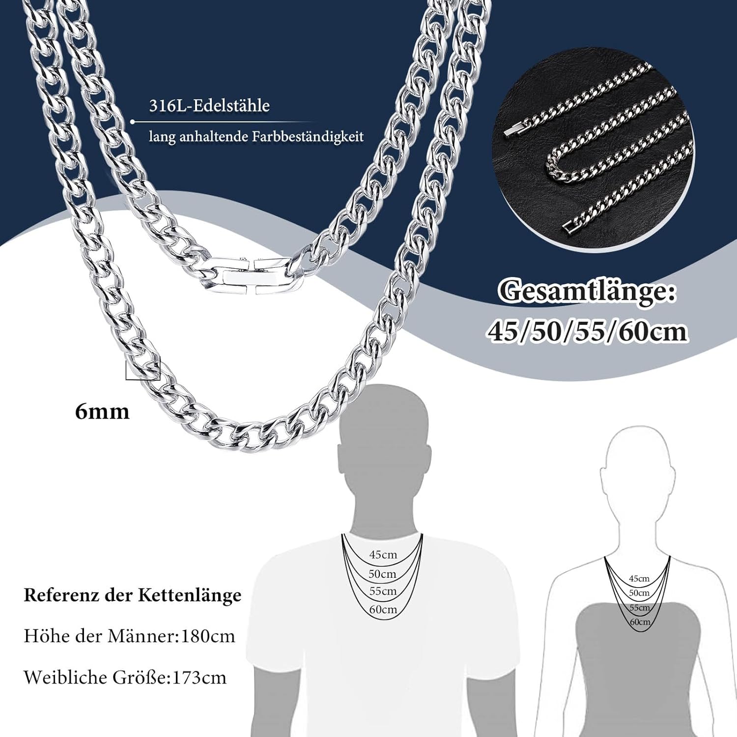 Thumbnail 5 de Sohn Geschenke Halskette Herren Silber – Kuba/Edelstahlkette mit 316L, 6 mm Breite, 50 cm