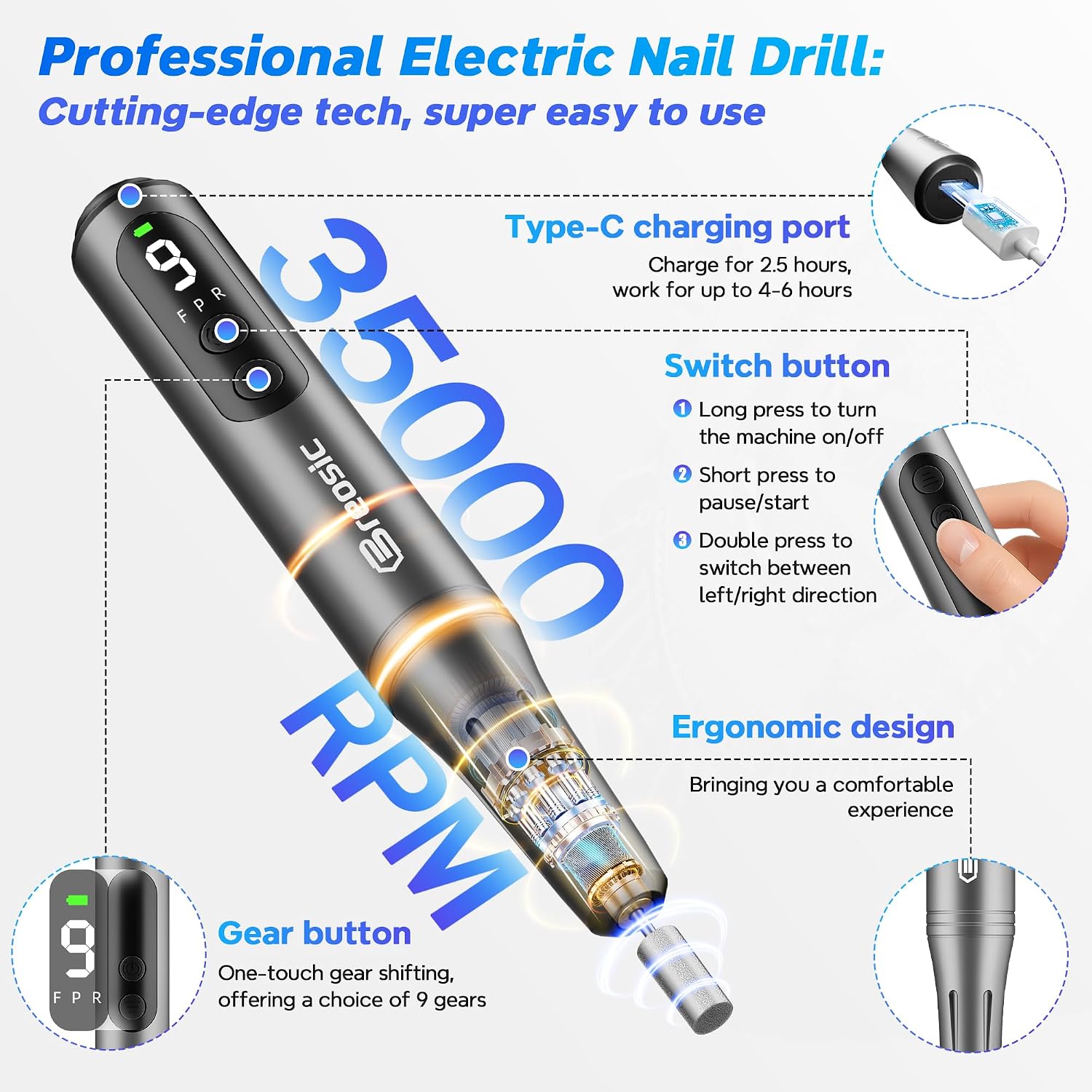 Detalle 2 de Breosic Electric Nail Drill Kit, 35,000 RPM, Cordless, 9 Speeds, LED Display