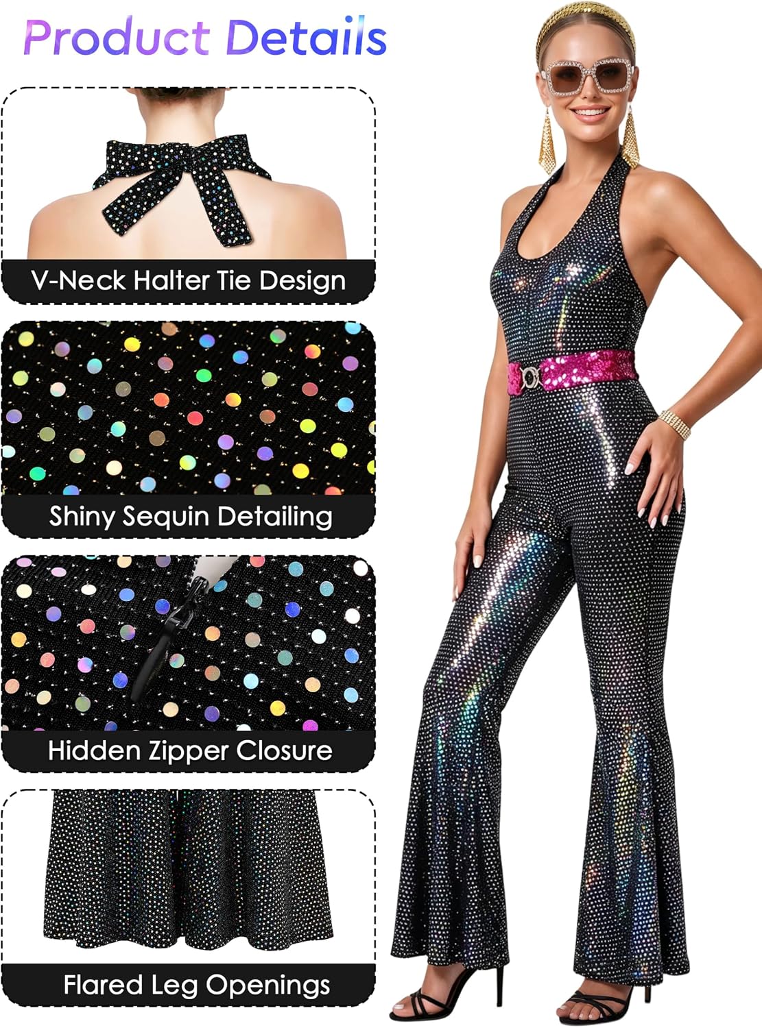 Detalle 2 de SOMSOC 70s Disco Jumpsuit Costume with Sequins and Matching Accessories