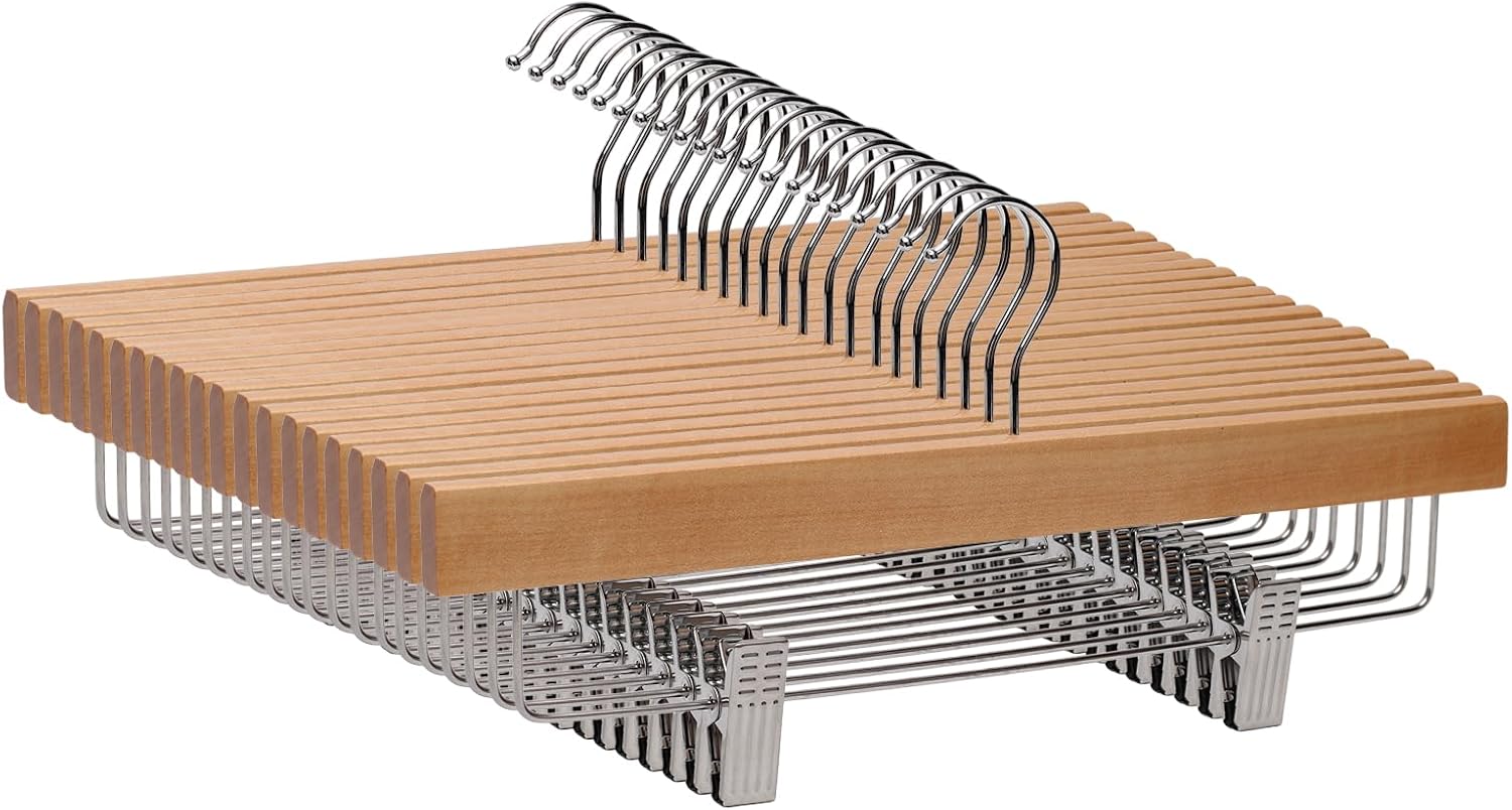 Detalle de LANSHINE 35,5 cm Hosenbügel aus Naturholz – 20er-Pack mit verstellbaren Anti-Rutsch-Clips