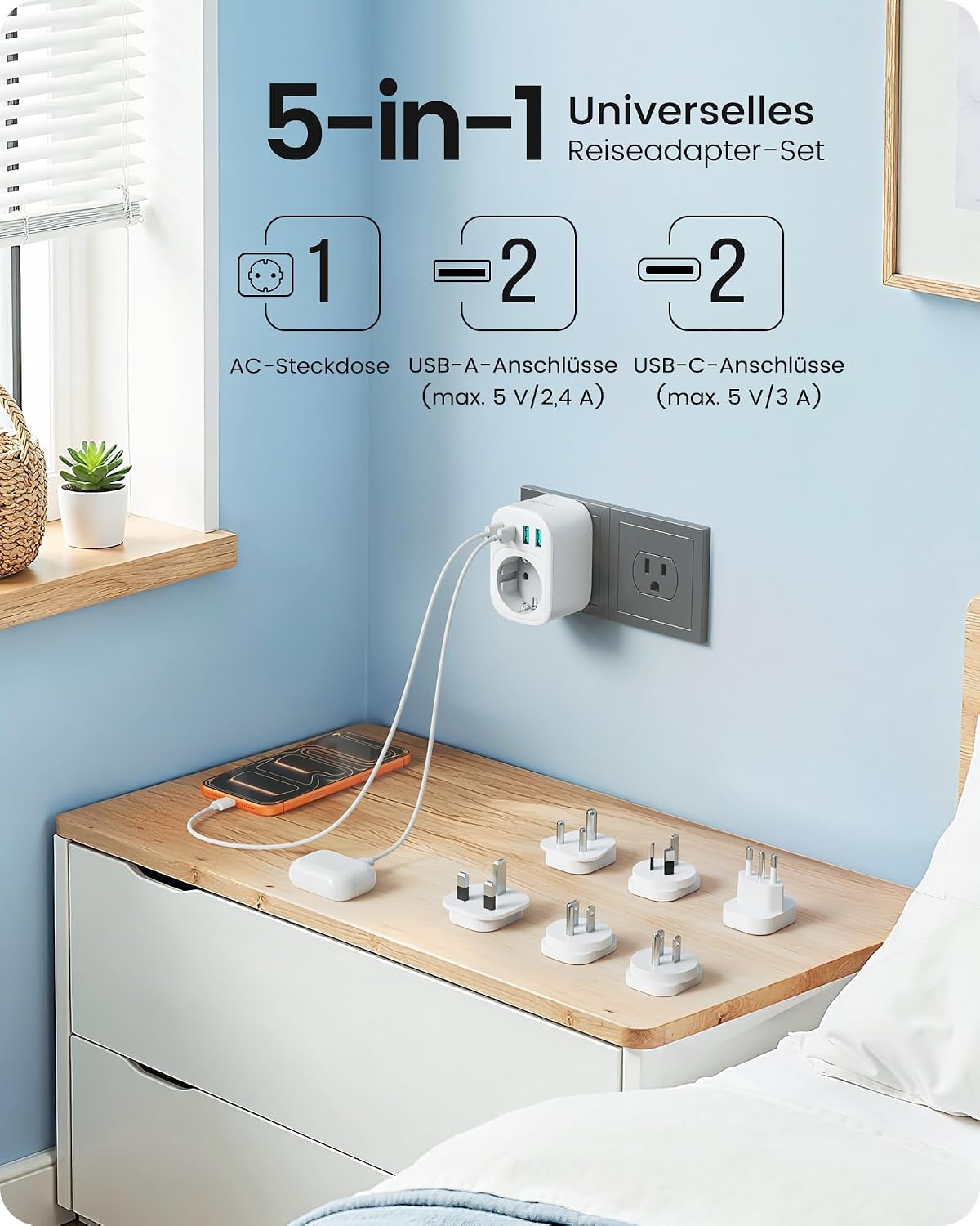 Detalle de LENCENT Reiseadapter Weltweit Set Typ A–I – 6 Steckertypen, USB Schnellladung, kompakt