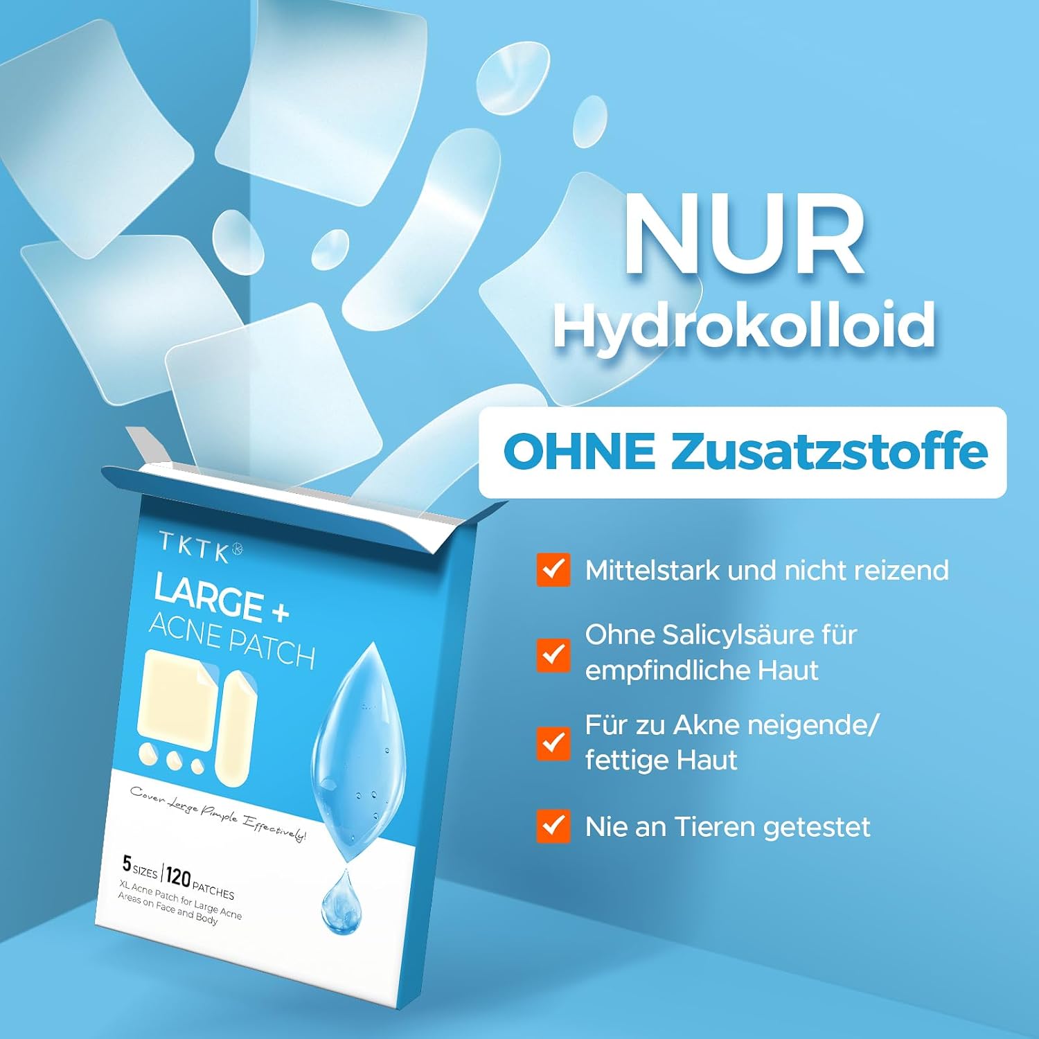 Detalle 2 de TKTK Pickel Patch für Gesicht – XL Hydrokolloid-Pflaster für große Akne-Bereiche (120 Stück, 5 Größen)