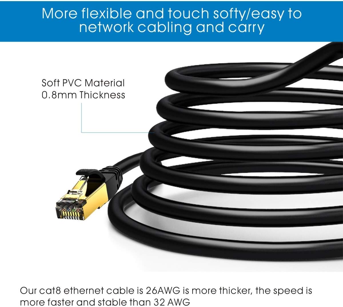 Thumbnail 2 de VEEtOP Cat8 LAN-Kabel 0,5 m (40 Gbps) mit vergoldetem RJ45, schwarz